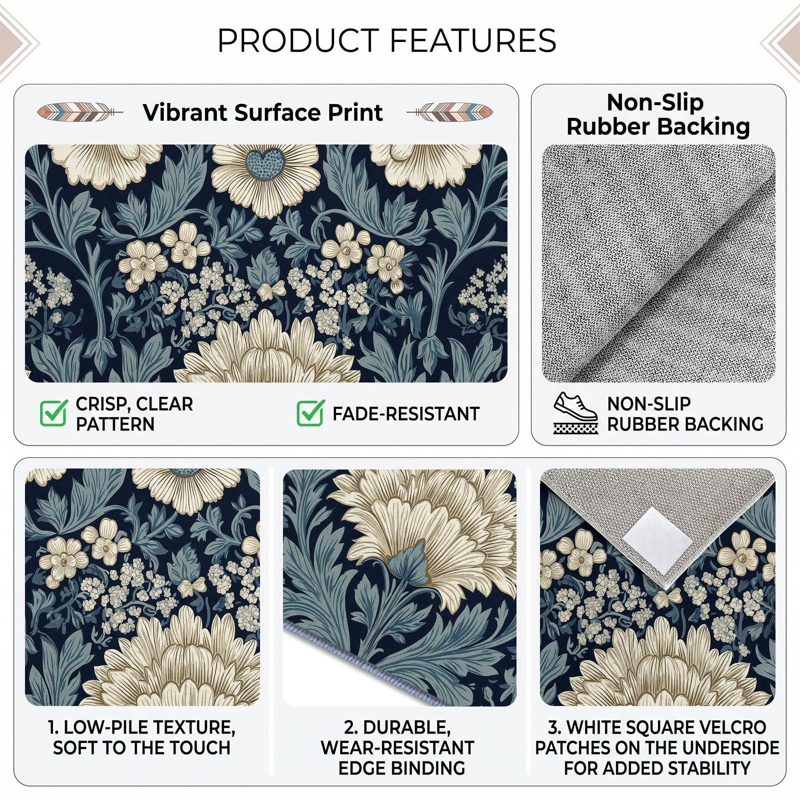Générique Marguerite Feuille Tapis Salon 200x300 cm, Lavable en Machine | Interieur Poil Ra Antidérapant Tapis, Rustique Imprimé Bohème pour Chambre Manger Bureau Cuisine