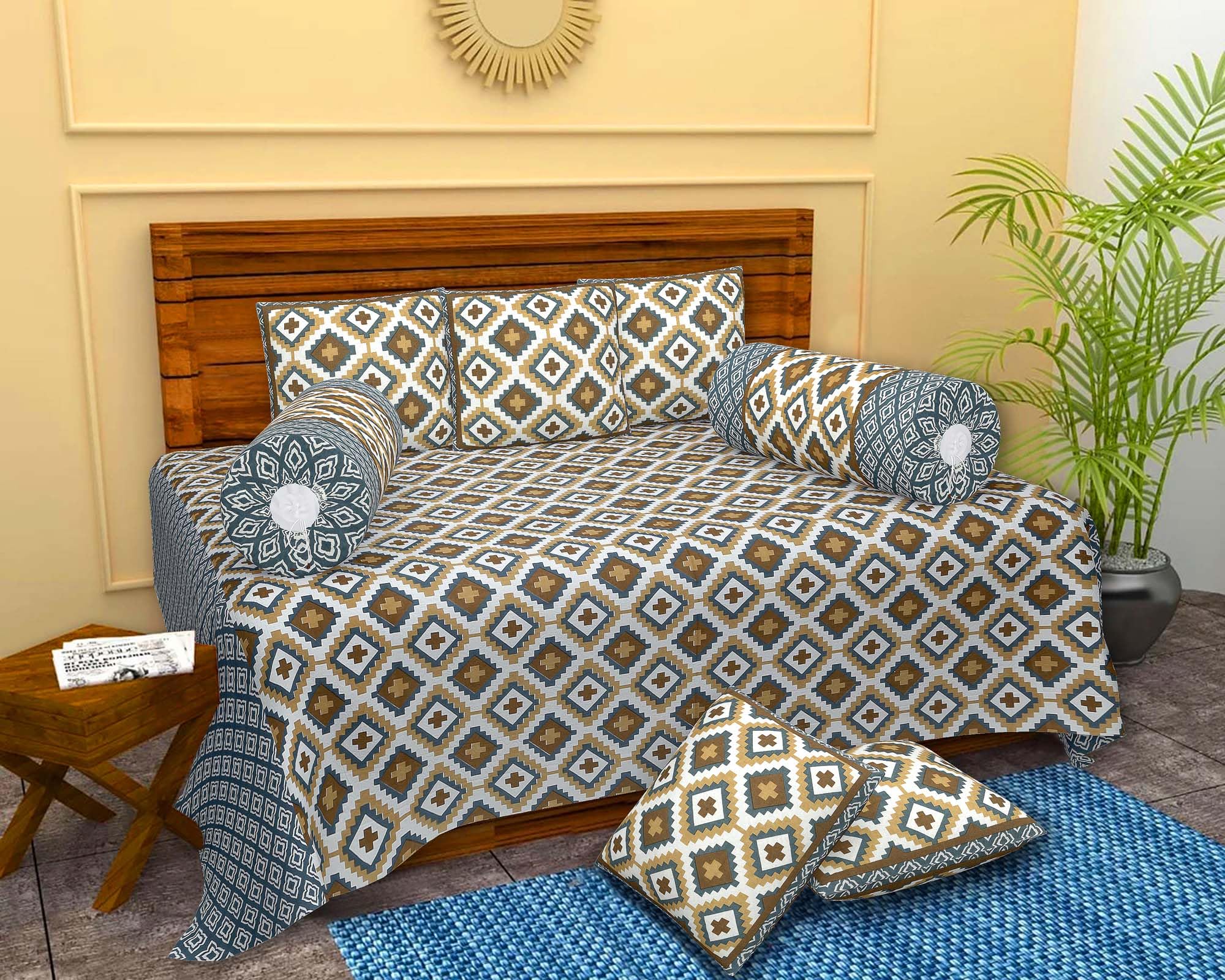 SkyKross GeometricPrinted 99% Pure Cotton Diwan Cover Set | Deewan Cover Set with Bedsheet for Living Room |8 Pcs Set - 5 Cushion Cover,2 Bolster Cover,1 Bedsheet (Grey)-image-47