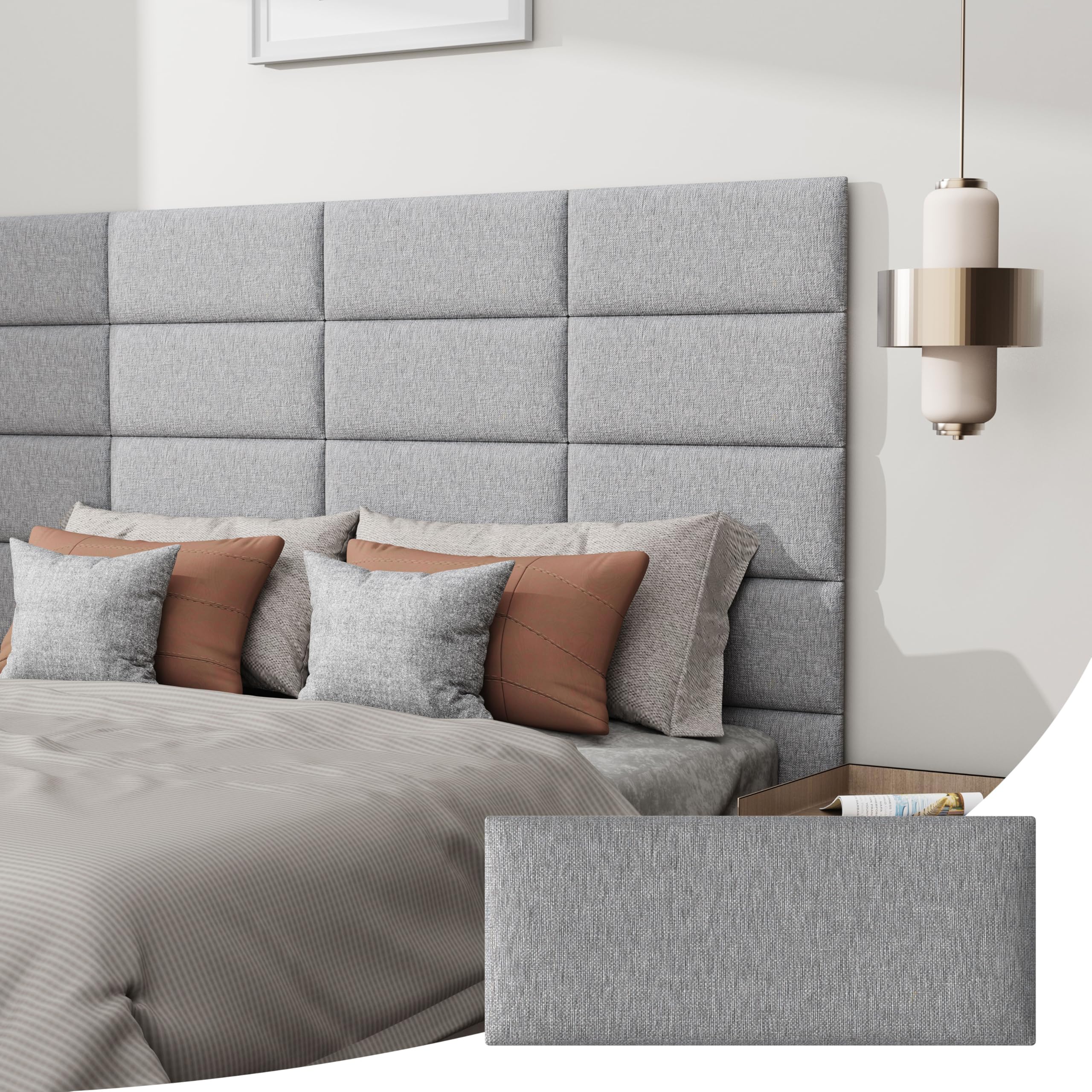 IMXPWPeel and Stick Headboard for Queen Size, Upholstered Fabric Tufted Wall Mounted Headboard, Pack of 6 Panels (Each 24"x10", Light Gery)