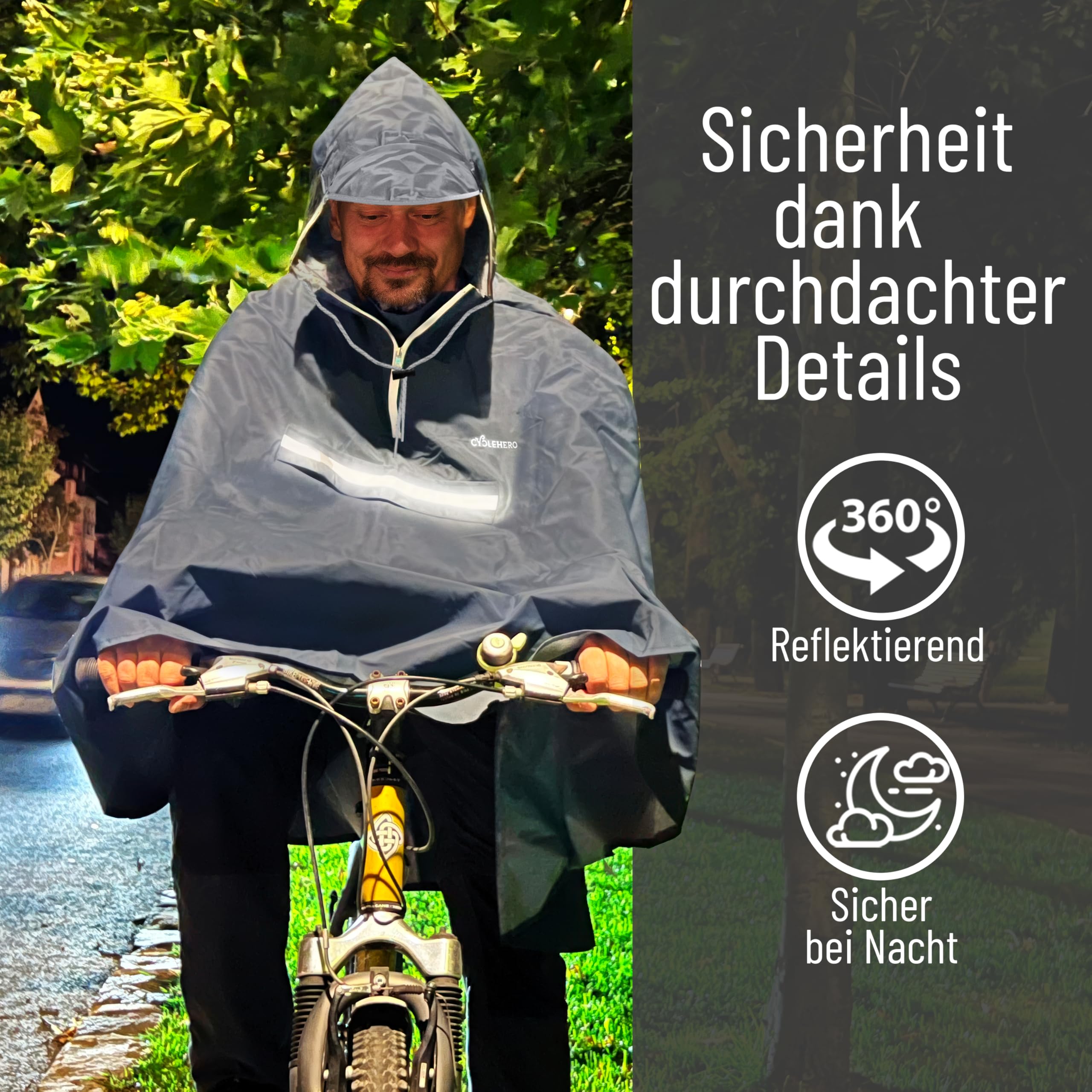 Regenponcho Fahrrad extra wasserdicht und robust - TEST SEHR GUT - Premium Regencape Fahrrad mit Reflektoren, Sichtfenster - Regenbekleidung als Regenponcho Herren und Damen - Regenjacke