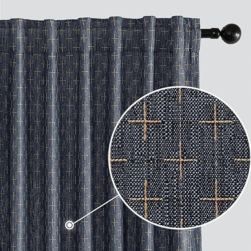 MIULEE Decorative Back Tab Linen Curtains with Geometric Pattern for Living Room Bedroom Farmhouse Rustic Thick Woven Textured Patterned Mudcloth Drapes 84 Inches Long 2 Panels Set, Blue