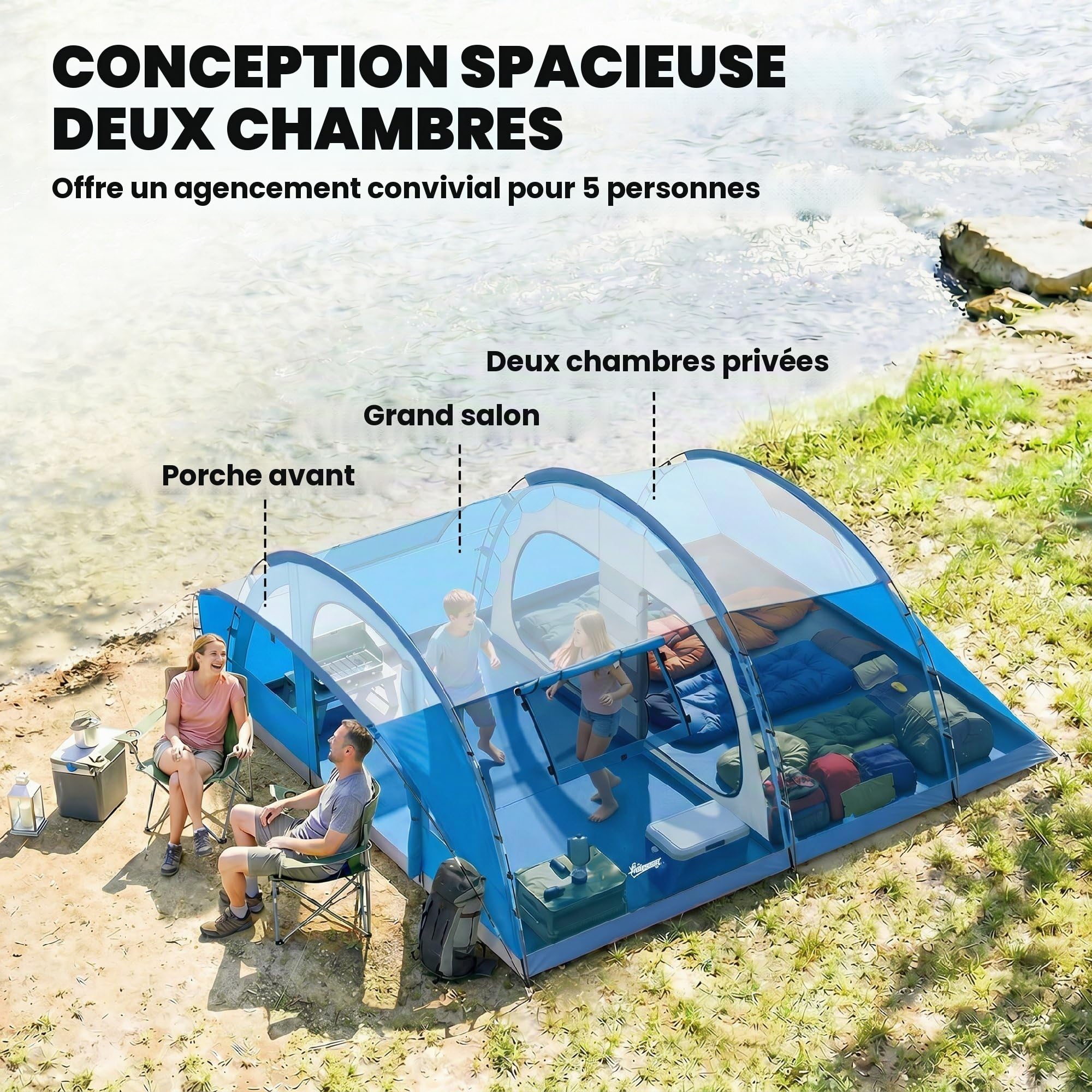 Outsunny Tente de Camping familiale pour 5 Personnes Pliable 3000mm Bleue | Tente tunnel de camping, 3 pièces, porte, 4 fenêtres, porche, sac imperméable, montage facile