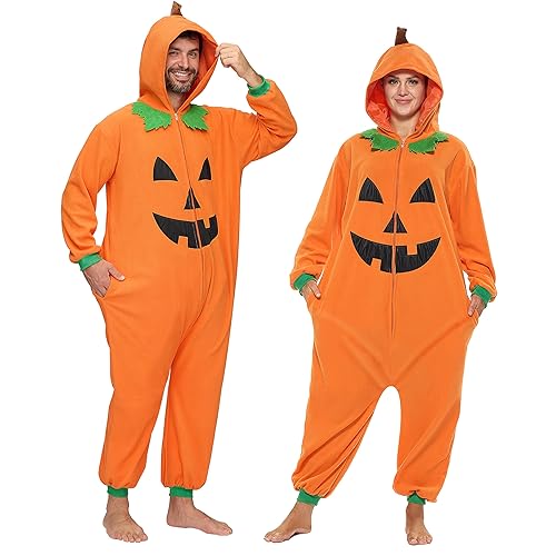 Halloween Pumpkin Costume, Adult Unisex Pumpkin Hooded Jumpsuit Costume for