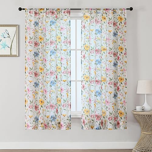 OWENIE Floral Sheer Curtains - 63 Inch Length 2 Panels Set for Living Room Girls Bedroom, Printed Pink Floral Pattern Farmhouse Light Filtering Crinkle Sheer for Spring Decor, 2 Pcs Each 42" Wx63 L