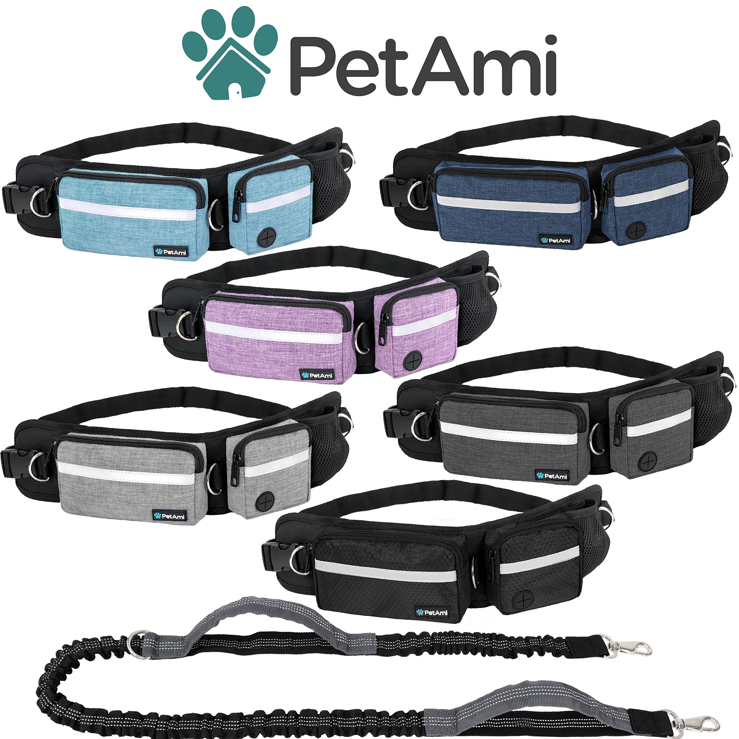 PetAmi Correa de perro manos libres, correa para correr para perro, bolsa de cinturón para caminar, trotar, cintura de perro, bolsa de doble cremallera con dispensador de bolsas para excrementos,