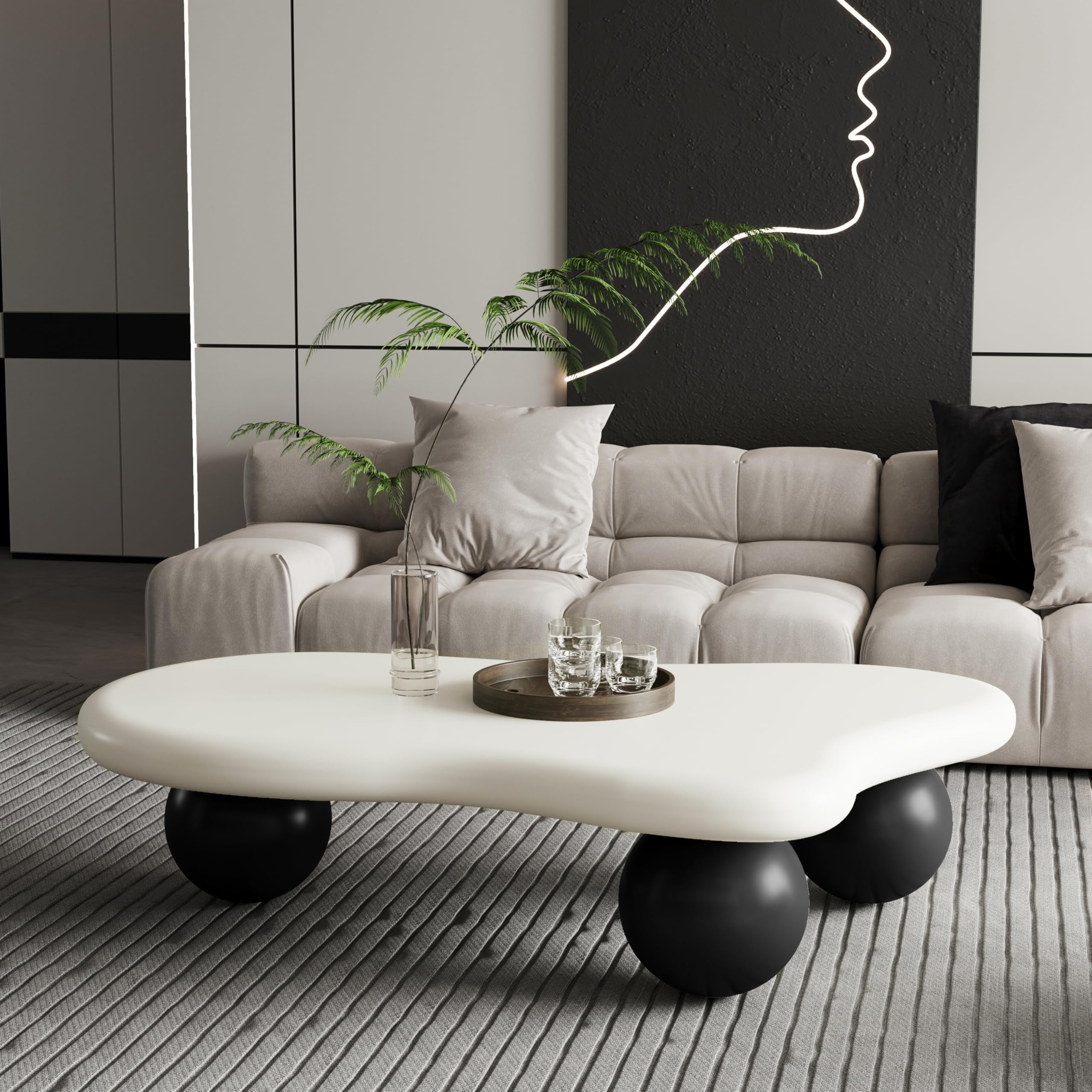 47" Modern Coffee Table Cloud Shape Low Center Table Cute Irregular Indoor Tea Table with 3 Ball Legs for Living Room Small Space