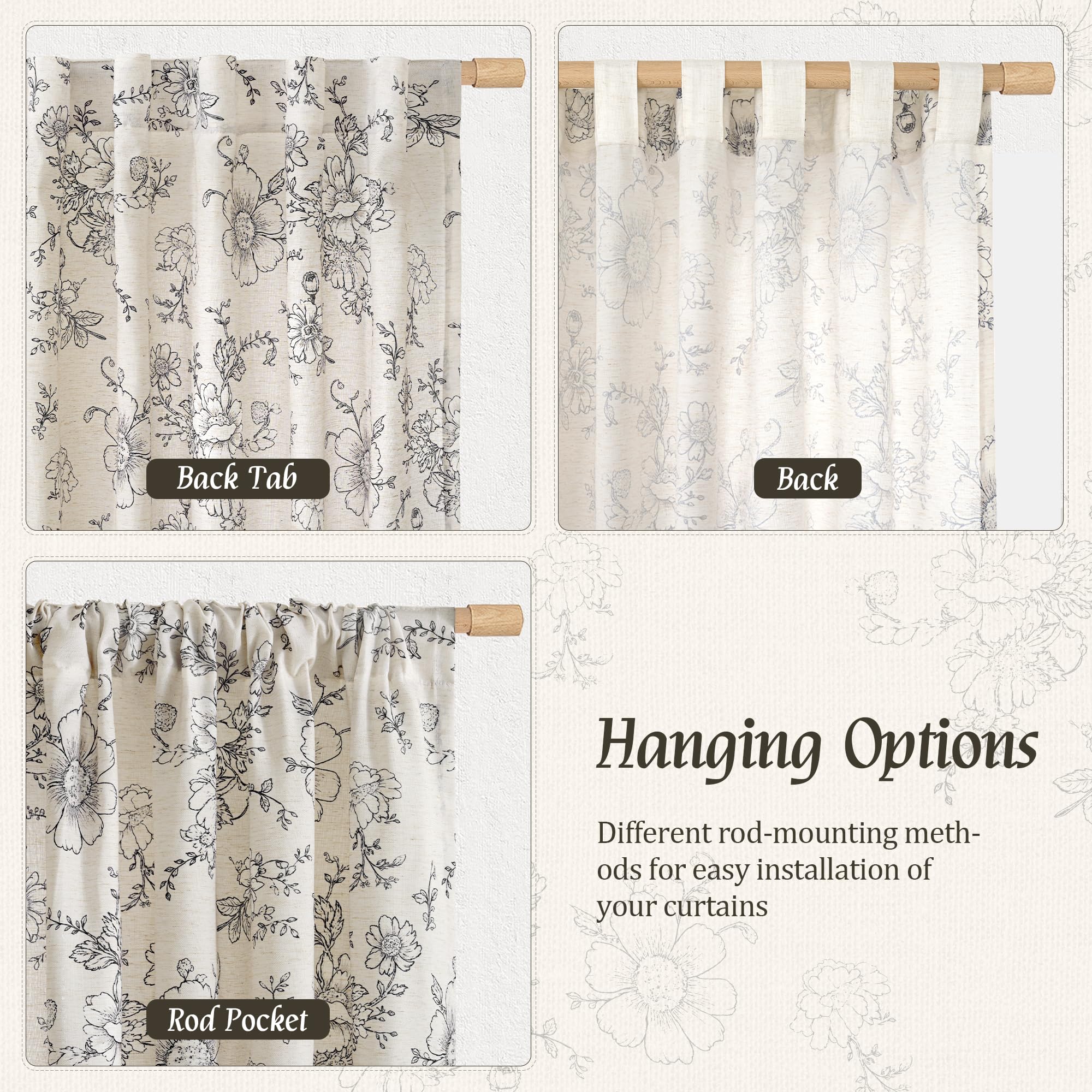 Vintage Floral Linen Curtains - 84 Inch Panels -4