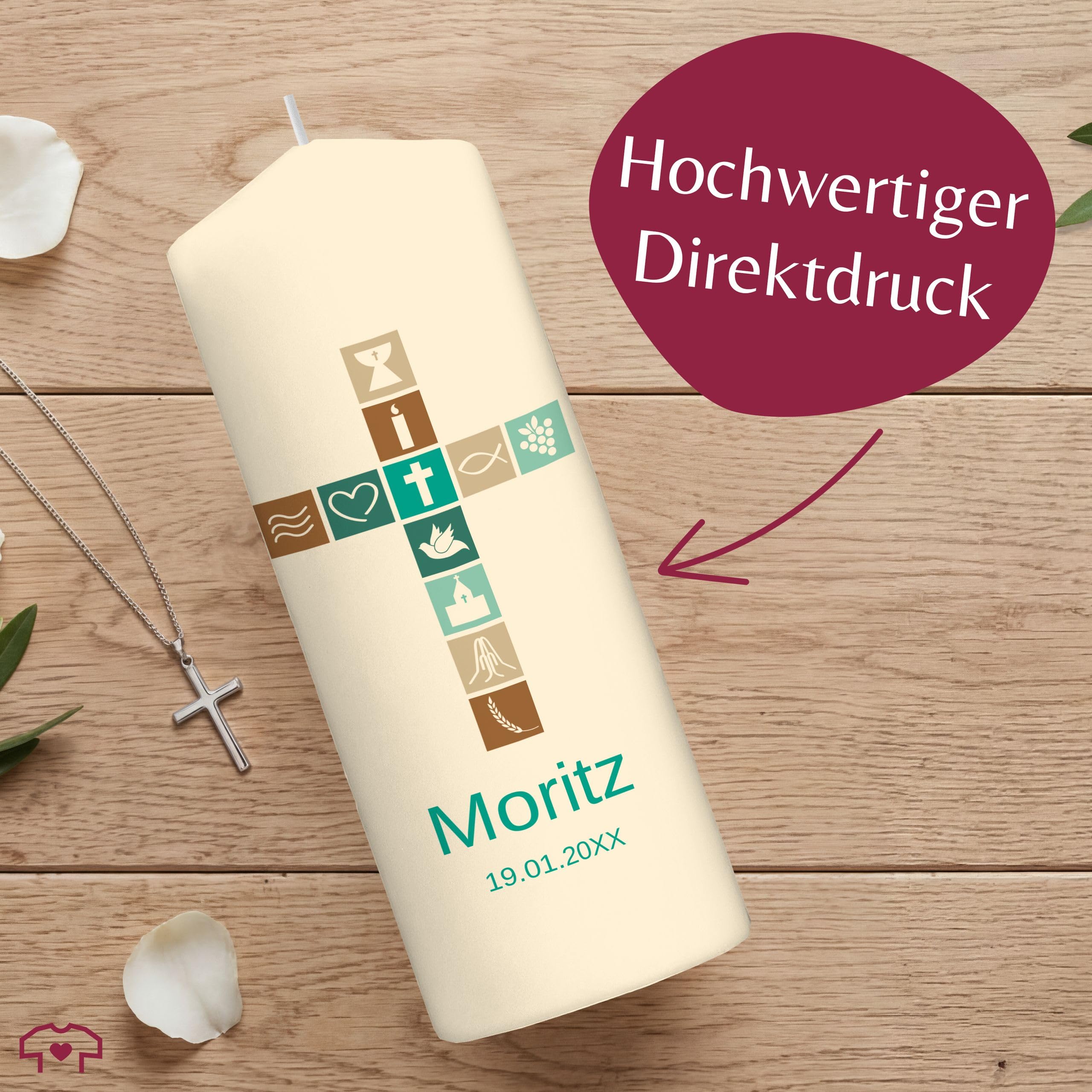 Taufkerze - Taufe mit Kreuz Name Datum - Taufgeschenk personalisierte Geschenk Deko - 230/78 mm - Elfenbein