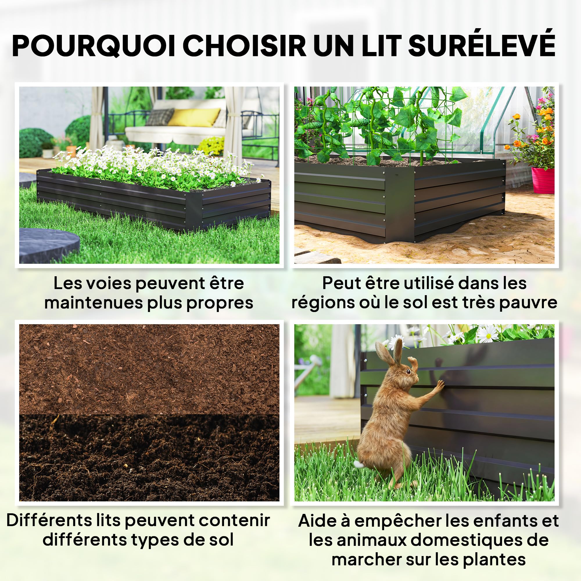 Outsunny Carré Potager Grande Capacité 180 x 90 x 29,5 cm Noir | Jardinière Rectangulaire, Acier Galvanisé, avec Tuteurs, pour Tomates et Plantes Grimpantes