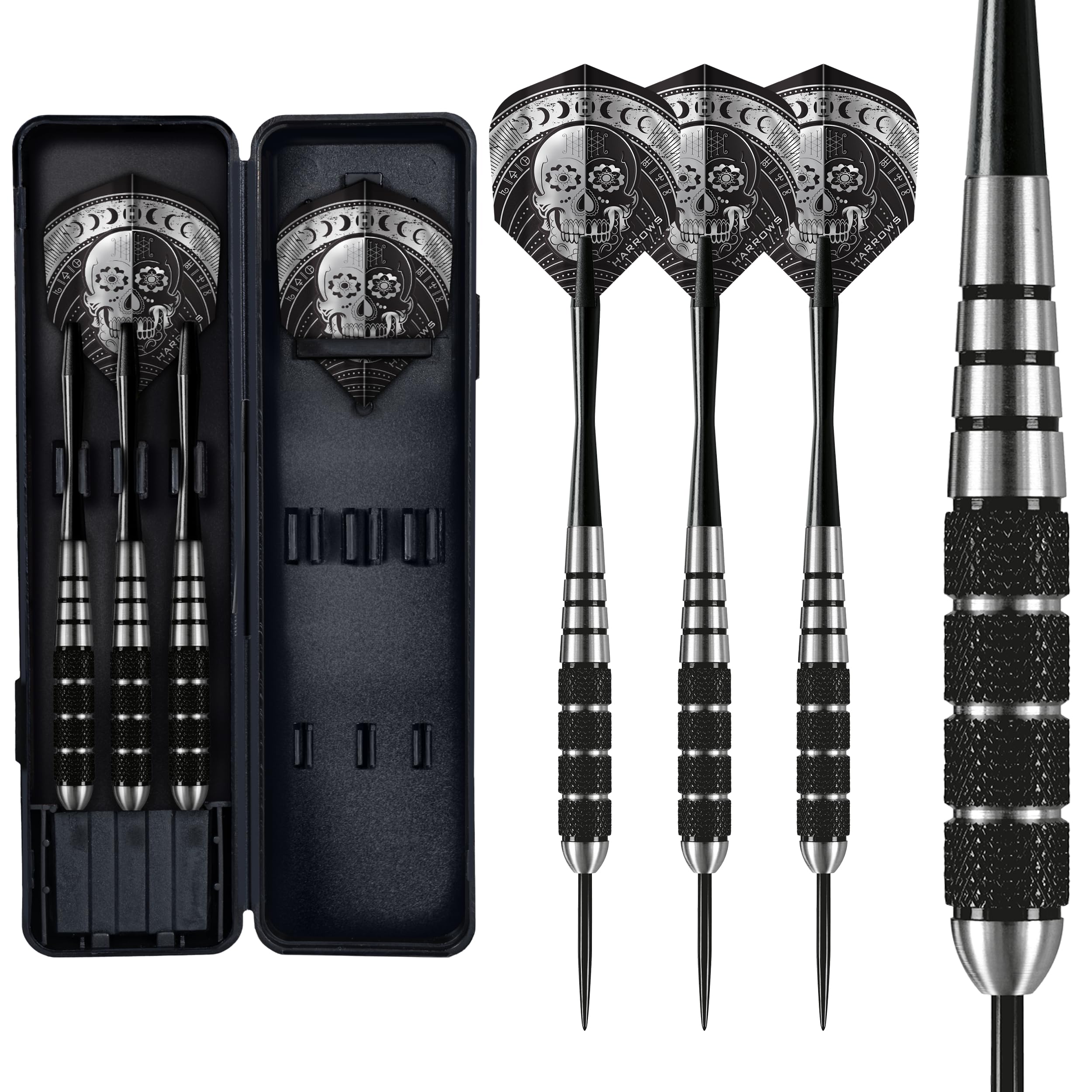 Harrows Voodoo Black Hex Steel Darts (18g) - Professional Darts Set - Includes Speedline Shafts, Silver Flights & Travel Case, Darts for Casuals to Pro's