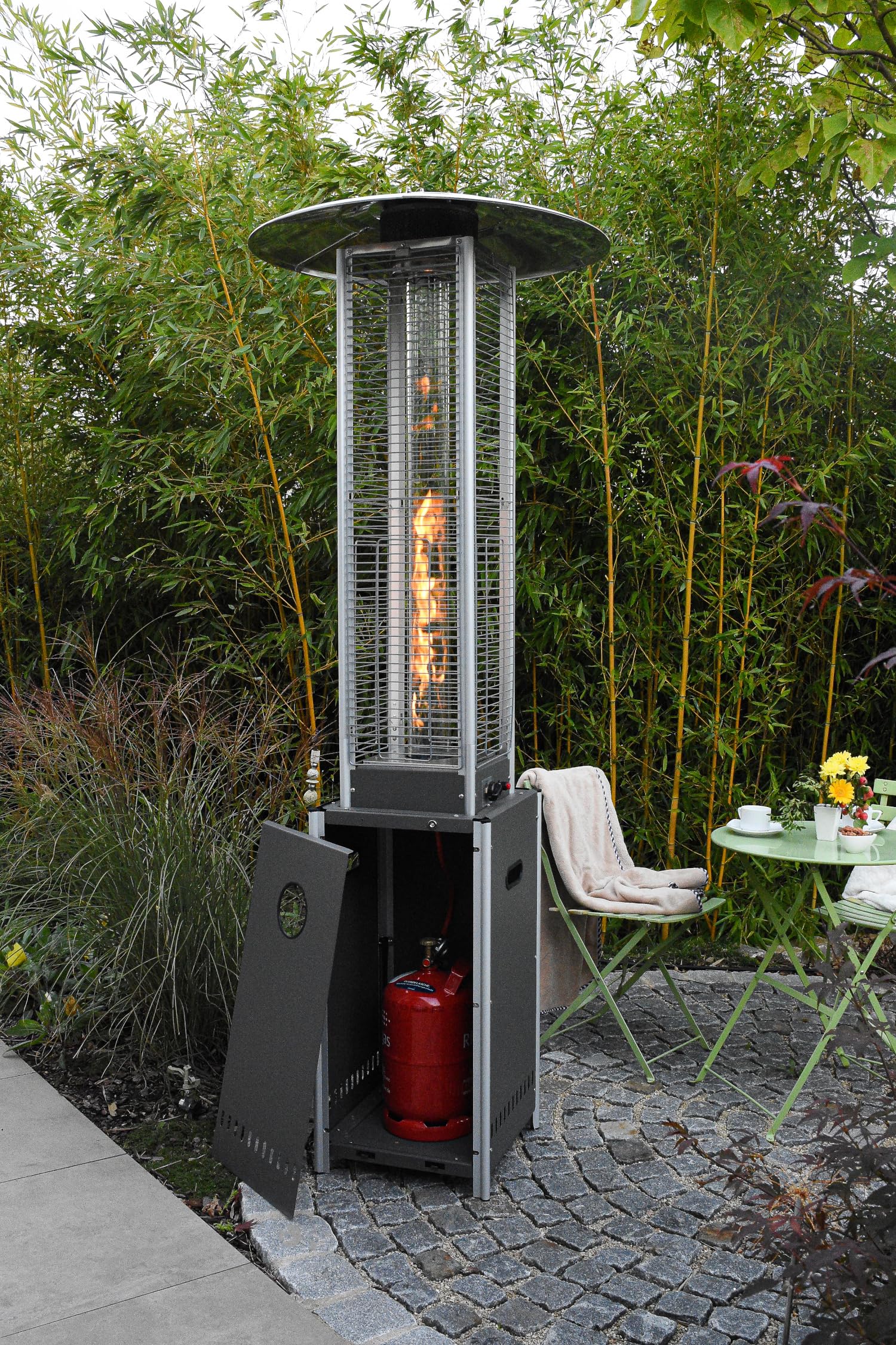 APANA Gasheizer 12,5 kW Bellamente Cristal – Gas Heizpilz in Schwarz mit Transportrollen – Terrassenheizer mit Umkippsicherung & Abschaltautomatik – Outdoor Heizstrahler für Garten & Balkon
