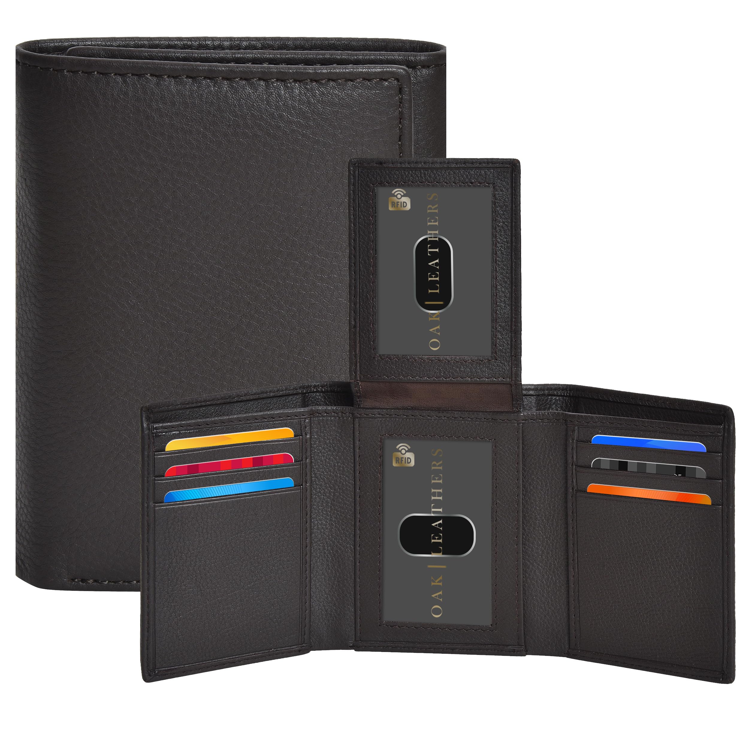 Real Leather Mens Trifold Wallet - RFID Slim Minimalist Front Pocket Gift Dark Brown