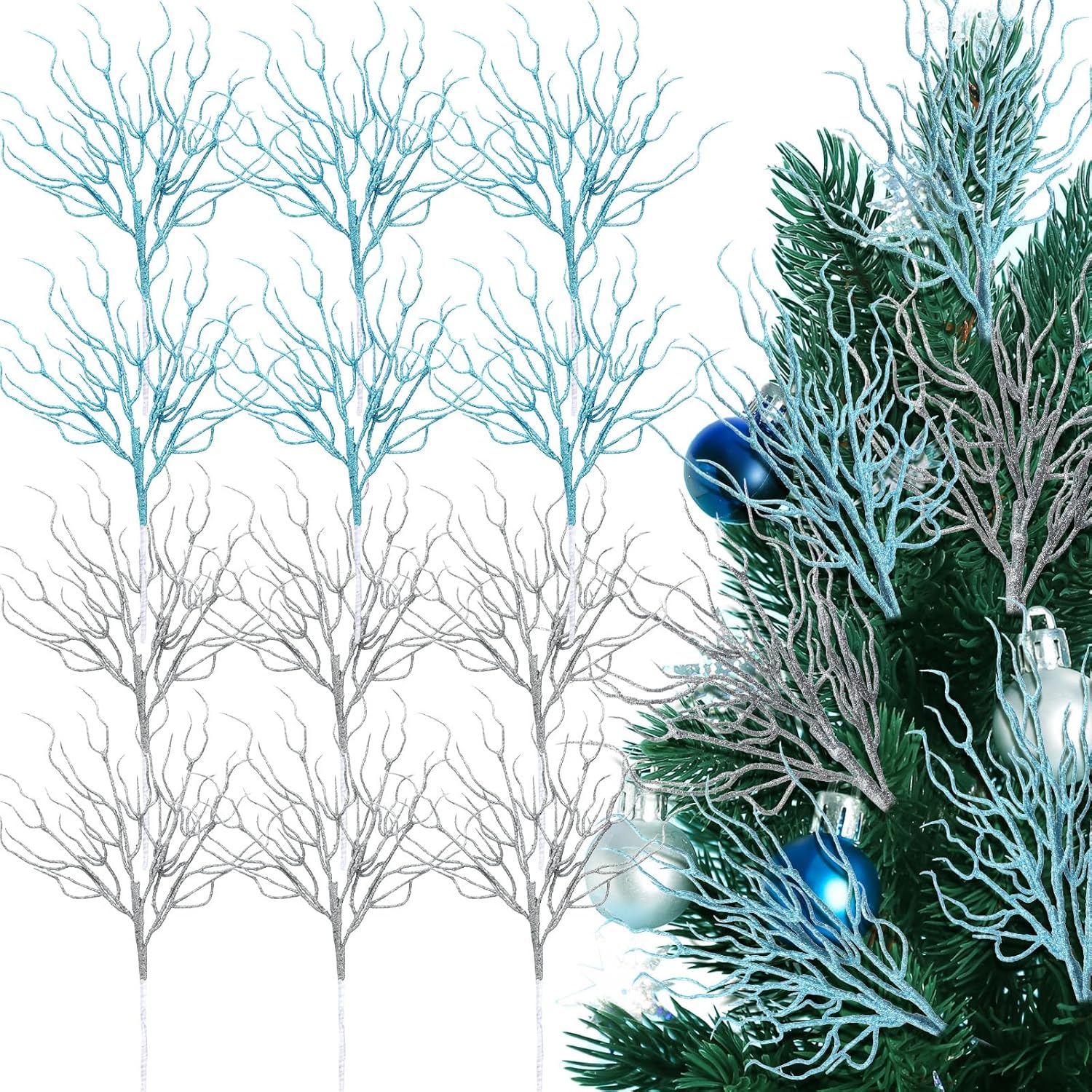 12 Pcs Blue Silver Coral Ornaments for Christmas Tree 15.7 Inch Ocean Glitter Coral Christmas Picks Spray Pick for Xmas Tree Topper Decoration Vase Filler Crafts Winter Holiday and Home Decor