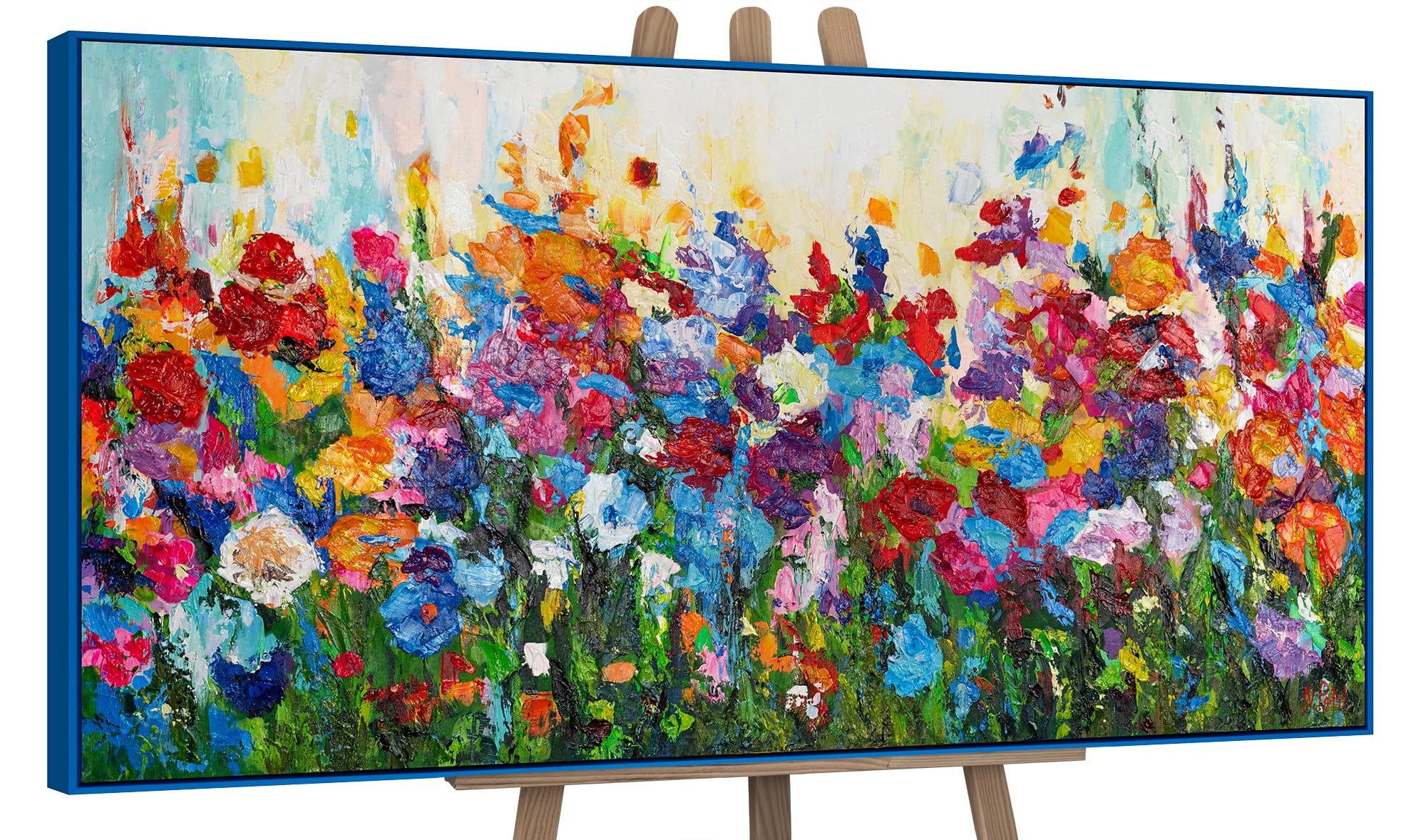 YS-Art Framed hand painted painting with flower Floral colors Abstract artwork motive summer Wall art in colorful shades Home decor 56x28 in