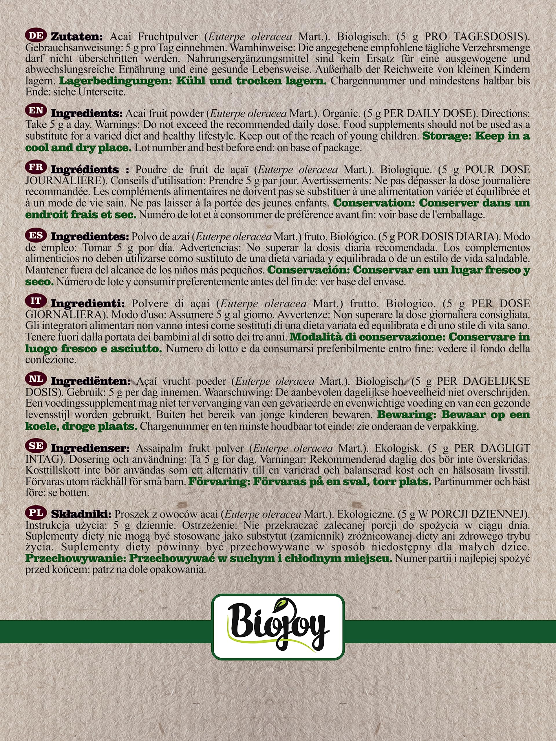 Biojoy Açaï en Poudre BIO (250 g), Poudre de Baies d’Acai lyophilisé (Euterpe oleracea Mart.)