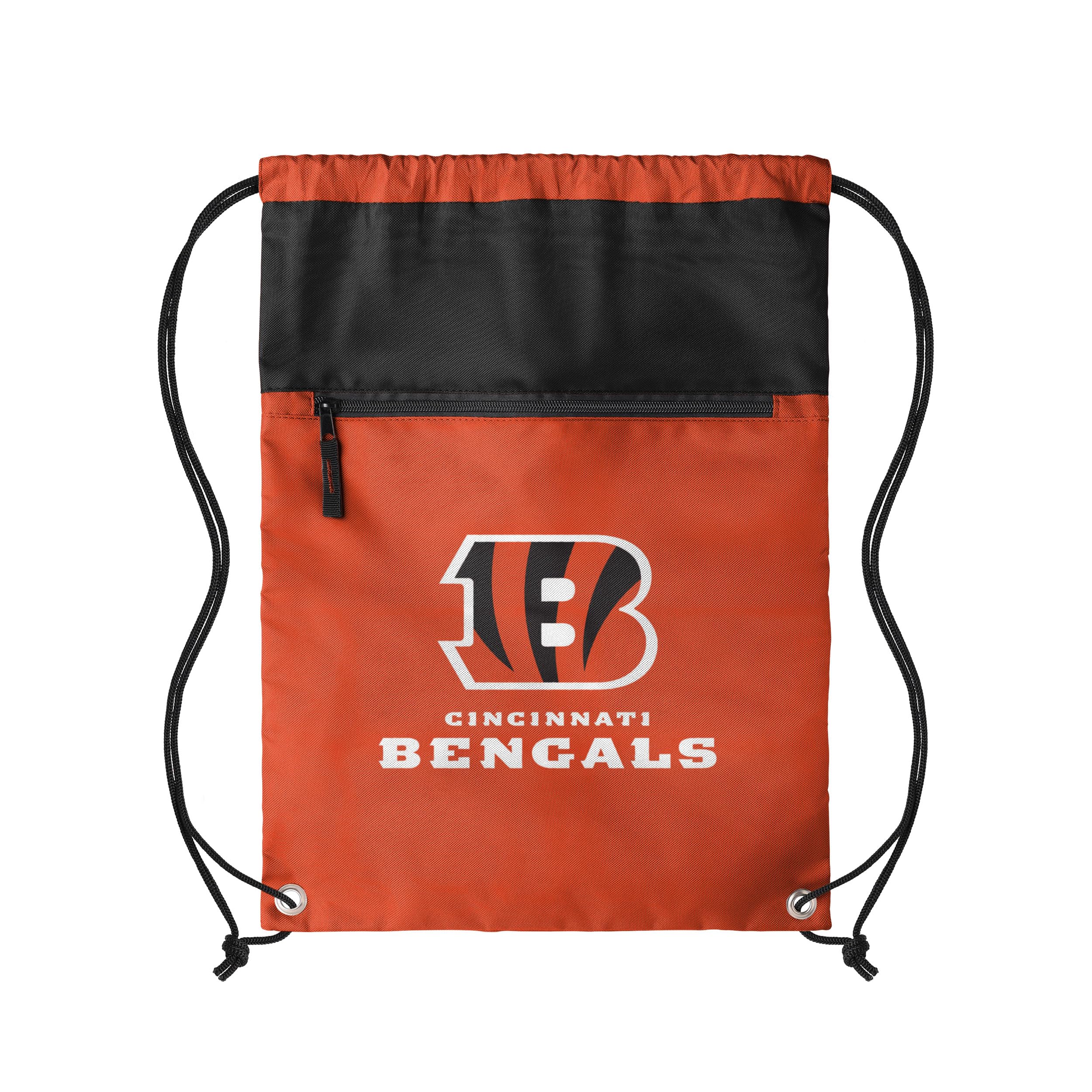 FOCO NFL Officially Licensed Unisex Team Color Football Primary Logo Wordmark Drawstring Backpack With Zippered Pocket, Cincinnati Bengals, One Size, Daypack Backpacks