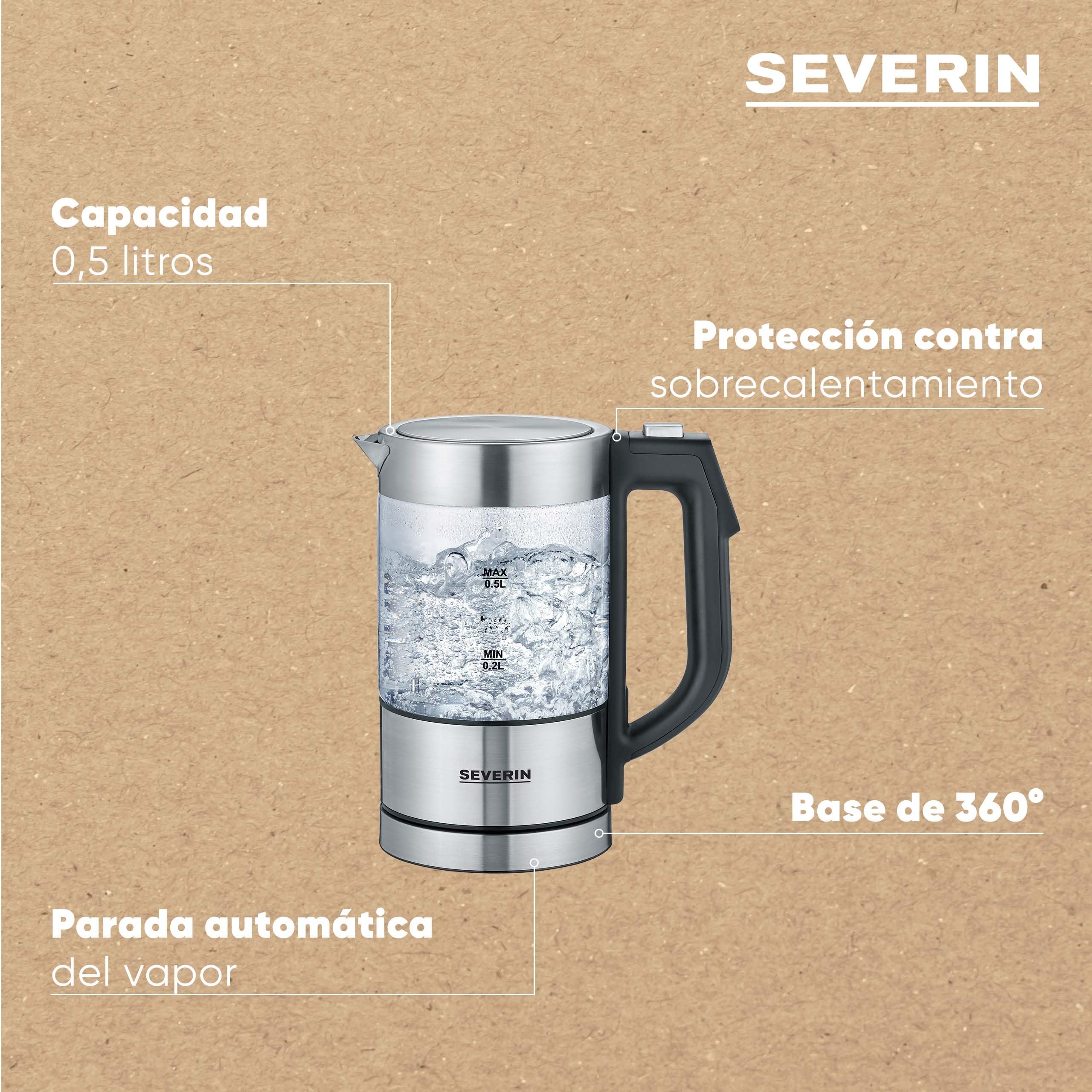 SEVERIN Mini Hervidor de cristal digital, 1100 W, 0.5 L, Acero Inoxidable/Negro WK 3458