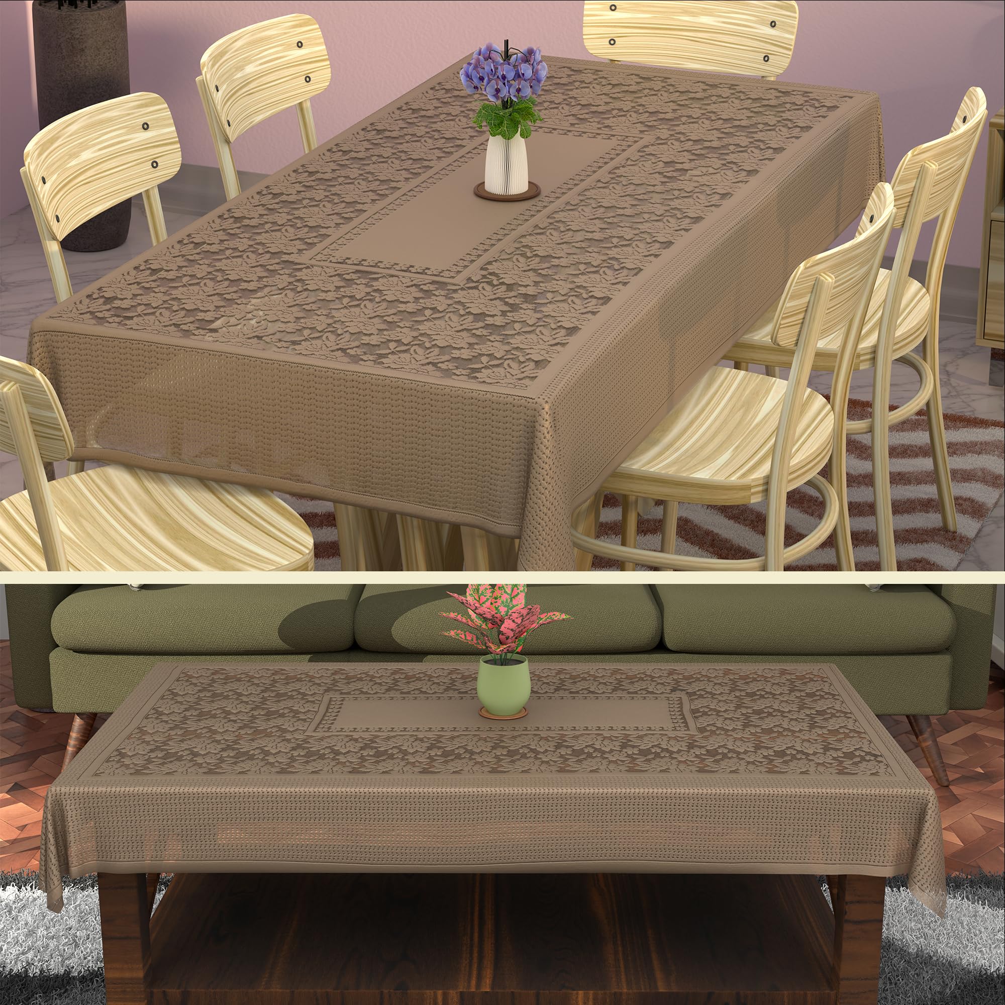 Kuber Industries Themed Combo Set – 6 Seater Dining Table Cover & Center Table Cover | Same Design Pair of Teapoy Table Cloth & Dinner Table Sheet | Self Flower - Mouse