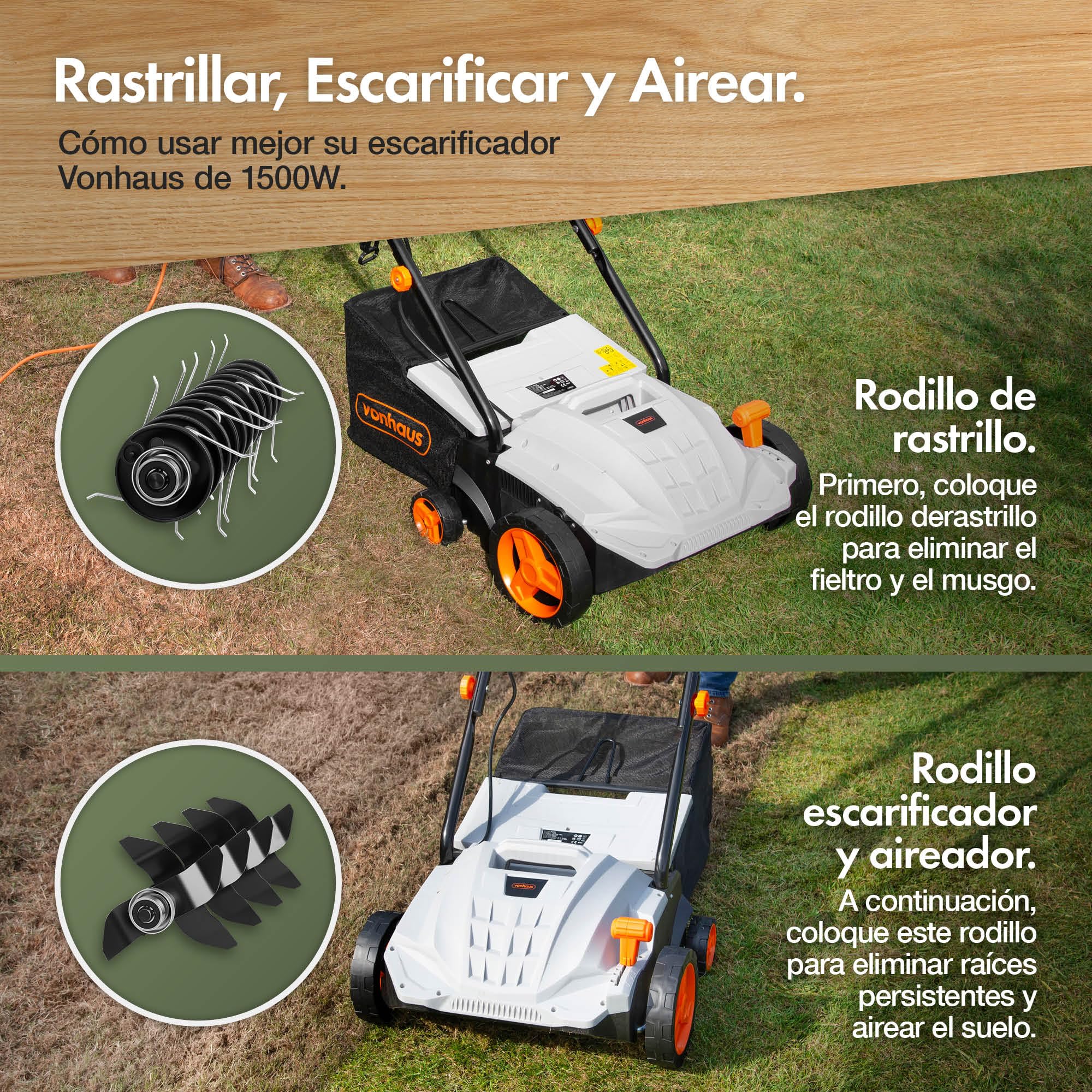 VonHaus Escarificador/Aireador/Rastrillo Eléctrico 1500W – Para Escarificar Y Rastrillar El Césped, Elimina Fieltro, Musgo Y Hojas Secas, Aireación Del Suelo, Caja 30L, 4 Alturas, Ancho 32cm
