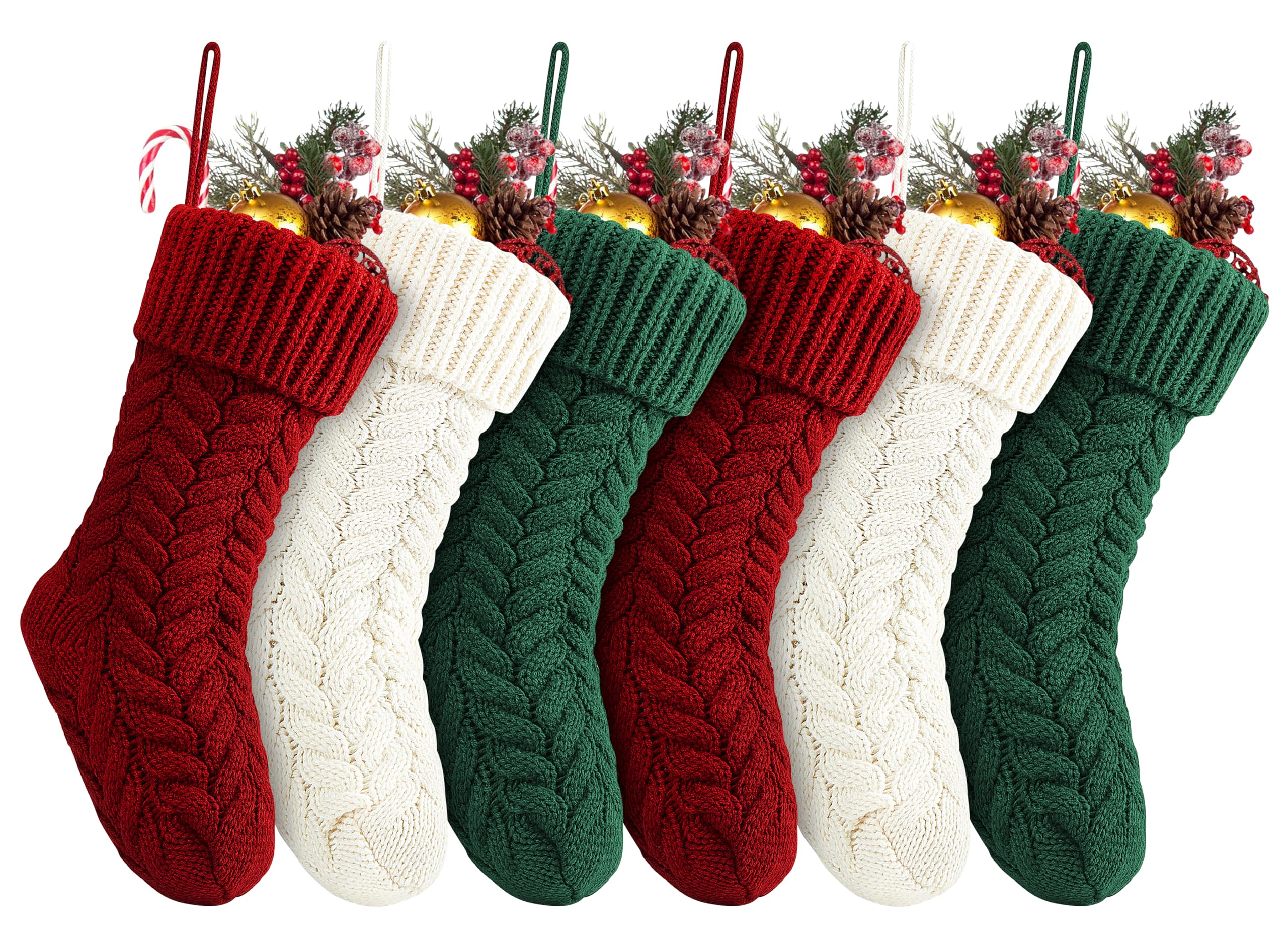 Fesciory 18 Inches Christmas Stockings Bulk, 6 Pack Large Size Cable Knitted Fireplace Hanging Stockings for Family Holiday Xmas Party Decorations, Burgundy&Ivory White&Green
