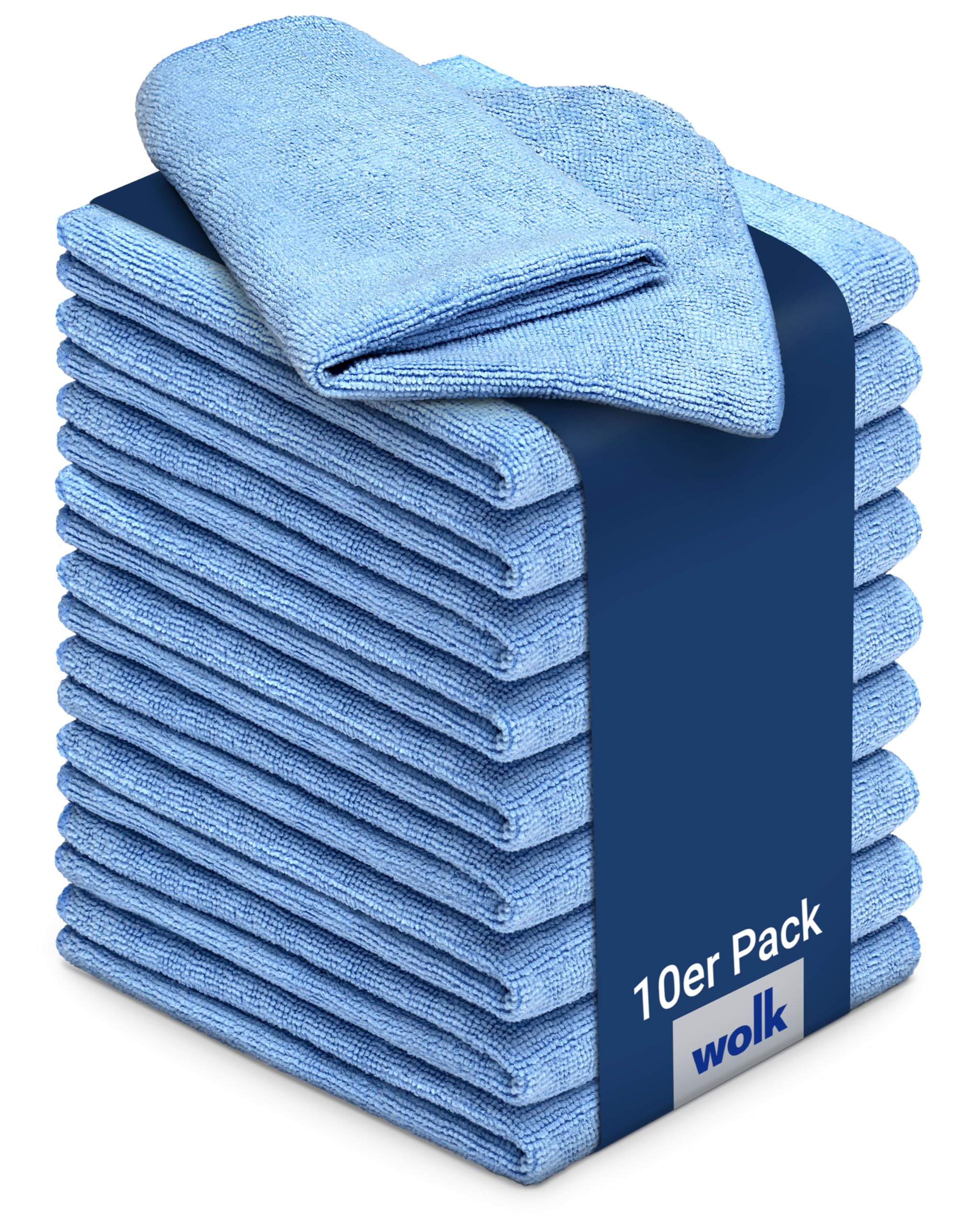 wolk Mikrofasertücher 40x40 cm 10er Pack blau, Putztücher Microfiber fusselfrei, Reinigungstücher für Küche Bad Auto, Wischlappen Poliertuch, 200 g/m²