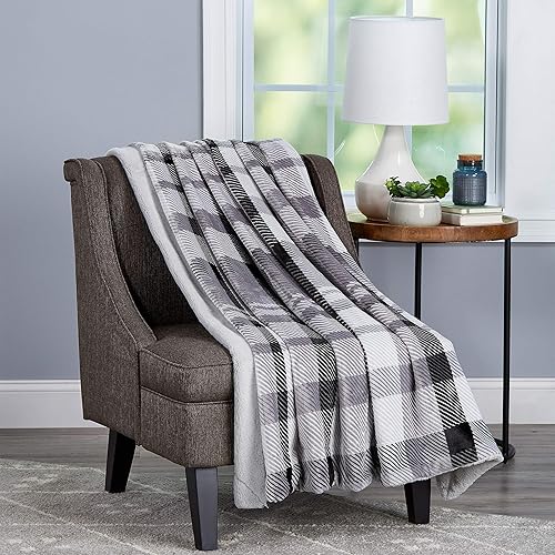 Miniatura 1 de LAVISH HOME COLLECTION - Manta de franela con estampado a cuadros gris de Lavish Home con respaldo de conejo de piel sintética sólida, lujosa,