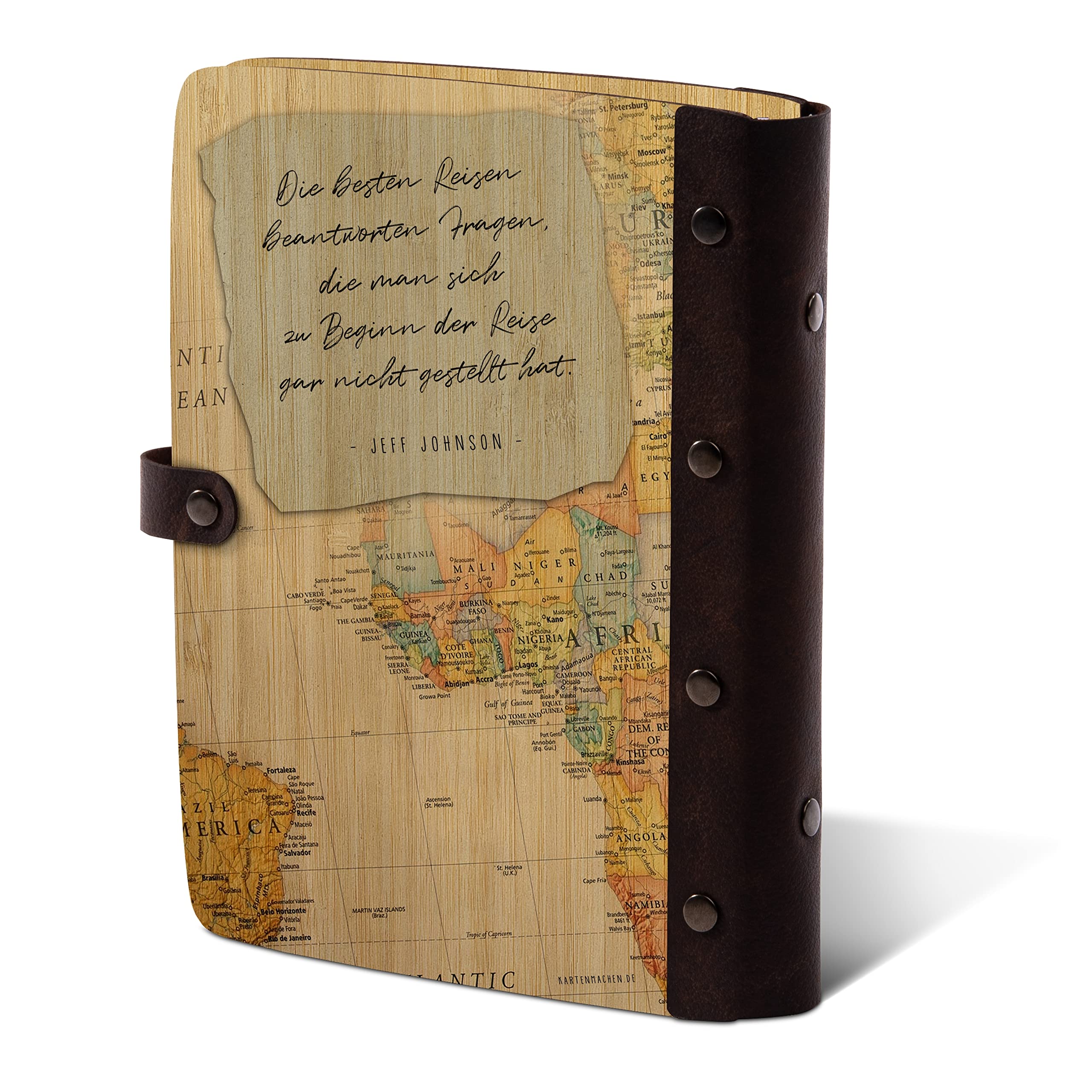 Kartenmachen.de Notizbuch Tagebuch individuell mit UV-Druck Bambus Cover mit Echtleder Rücken 72 Blätter | 144 Seiten DIN A5 hoch 158 x 222 mm - Moderne Weltkarte Reisetagebuch