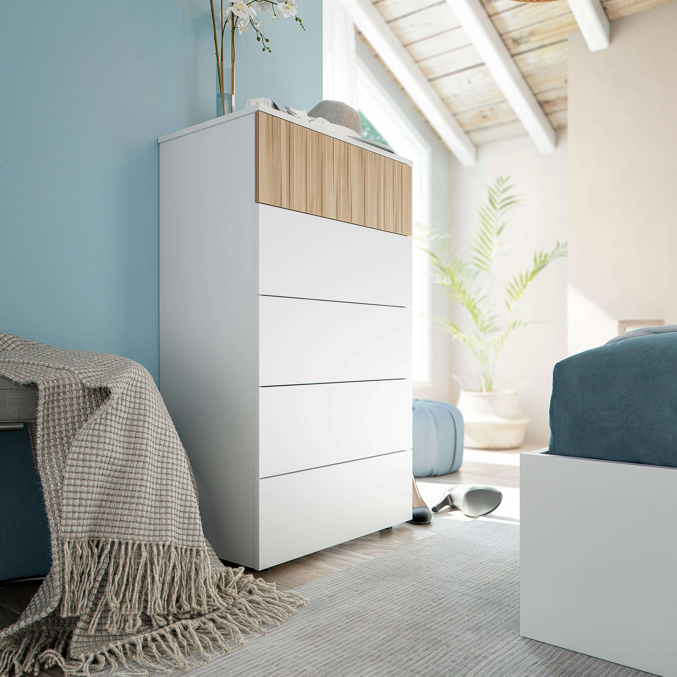 Habitdesign Cómoda 5 Cajones, 109x61x40 (AltoxAnchoxFondo-en cm), Sinfonier 5 Cajones Color Blanco Artik y Natur, Modelo Ethna