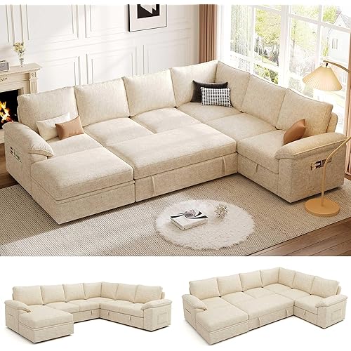 108 Inch Modular Sectional Sofa with Pull Out Bed,U Shaped 7 Seat Sectional Sleeper Sofa with Storage,Sectional Couches for Living Room,Cloud Modular Couch,Removable Sofa Cover,Beige