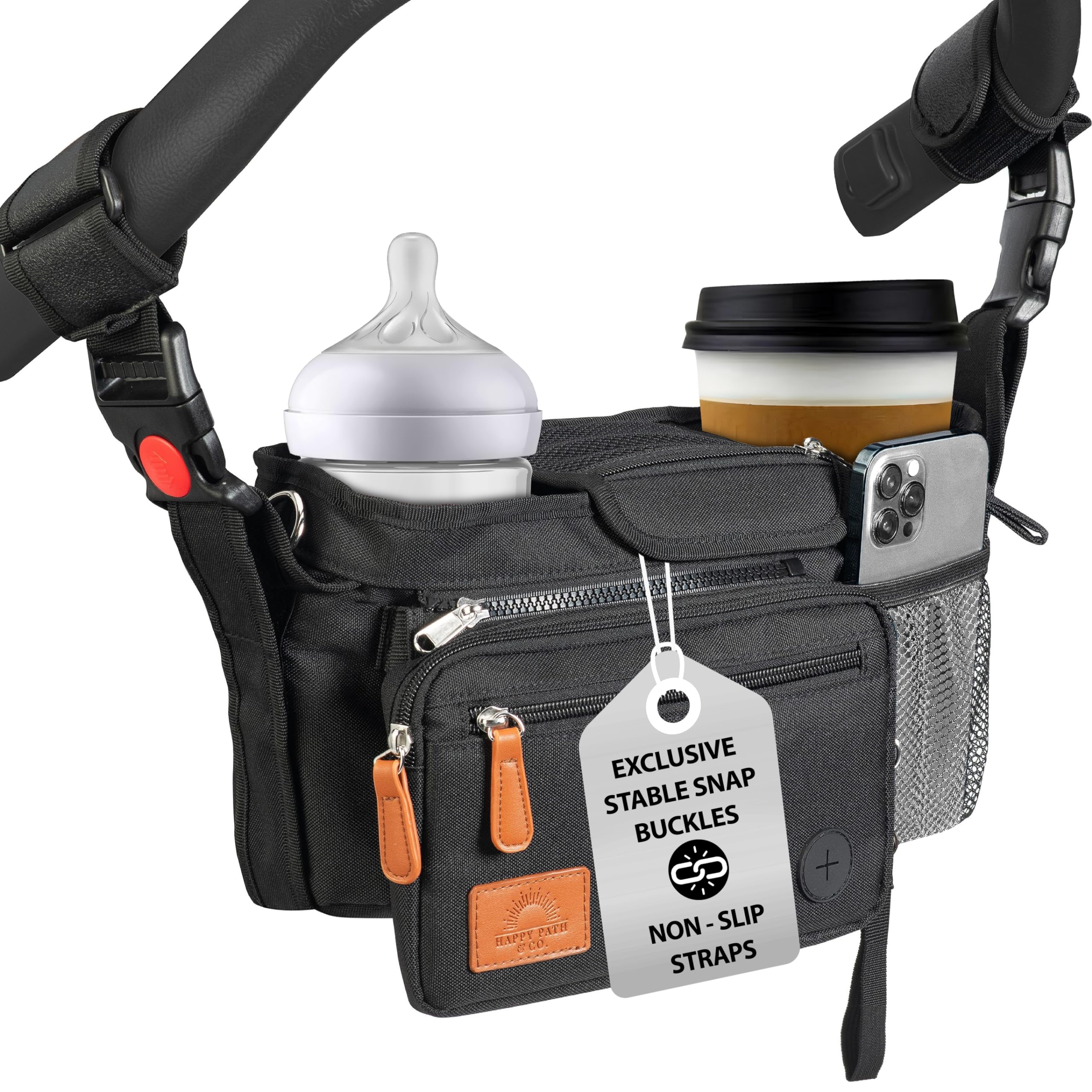 Universal Stroller Organizer Bag w/ Anti-Slip Straps to fit Nuna, UPPAbaby, Doona, Baby Jogger, & pet strollers | Durable Stroller Caddy Organizer Bag Stroller Oganizer with Cup Holder & ample storage
