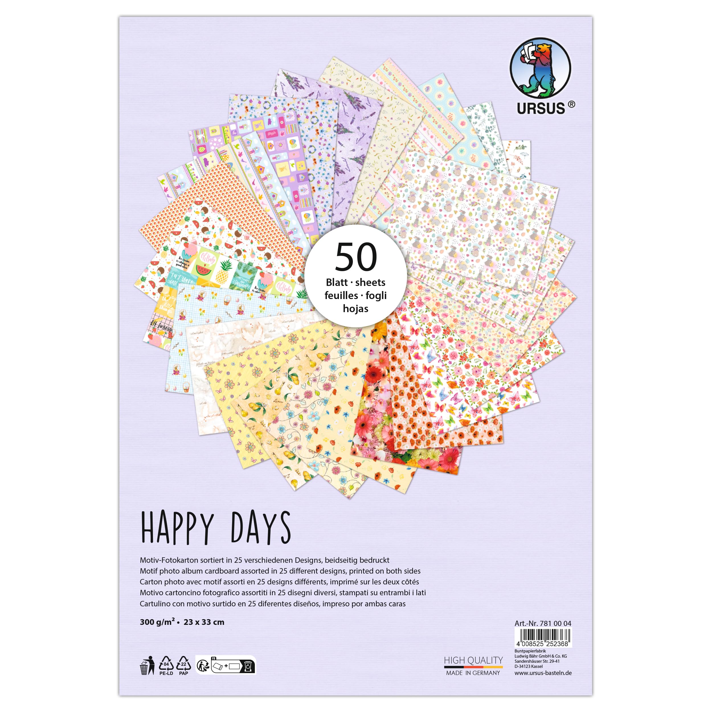 Ursus Happy Days 7810004 Photo Card 50 Sheets Approx. 23 x 33 cm 300 g/m² Printed on Both Sides with 25 Floral Motifs Made of Fresh Cellulose for Versatile Crafts