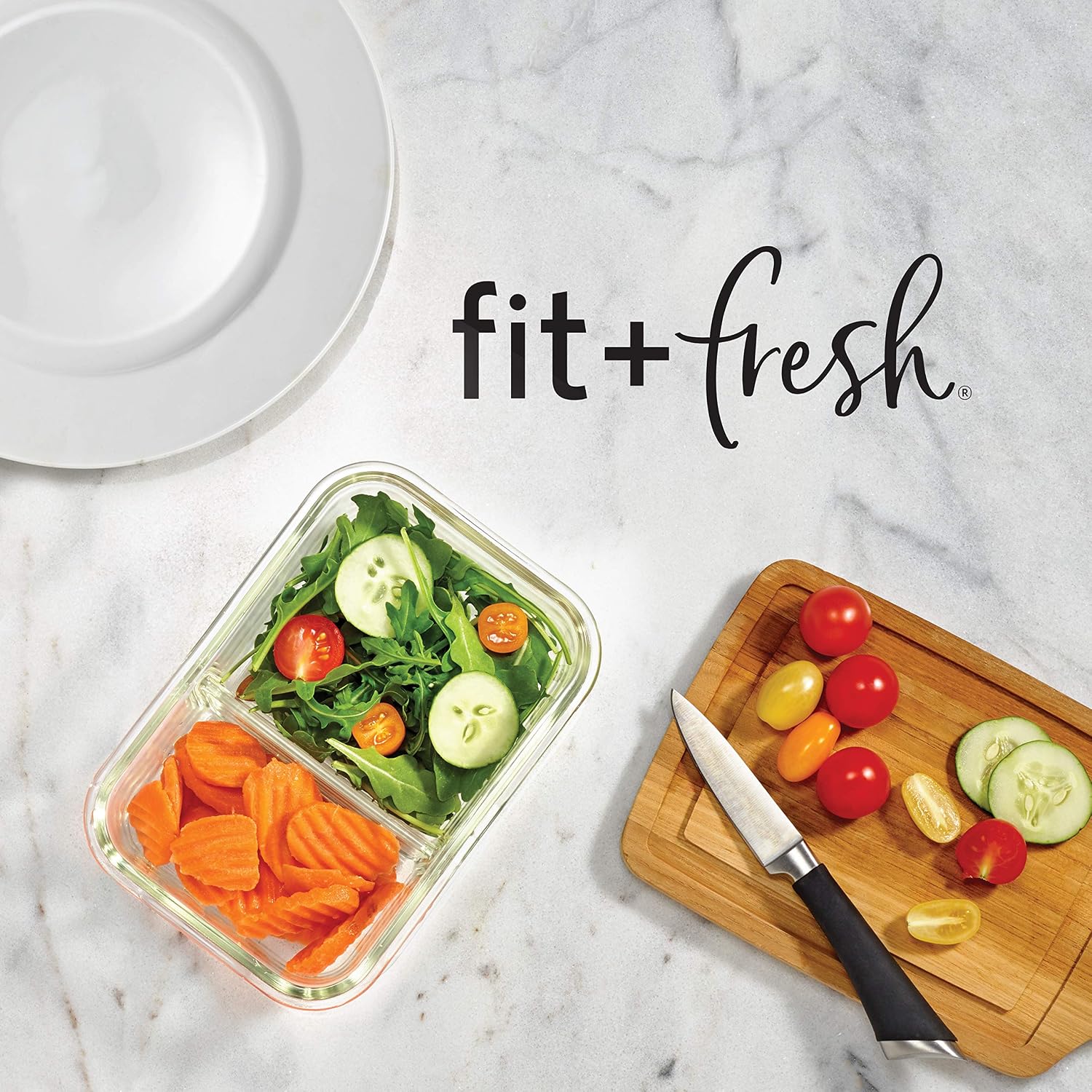 Fit & Fresh, Airtight Seal, Portion Cont Divided, 3-Pack, Two Compartments, Set of 3 Locking Lids, Glass Storage, Meal Prep Containers, 3 Pack, Clear