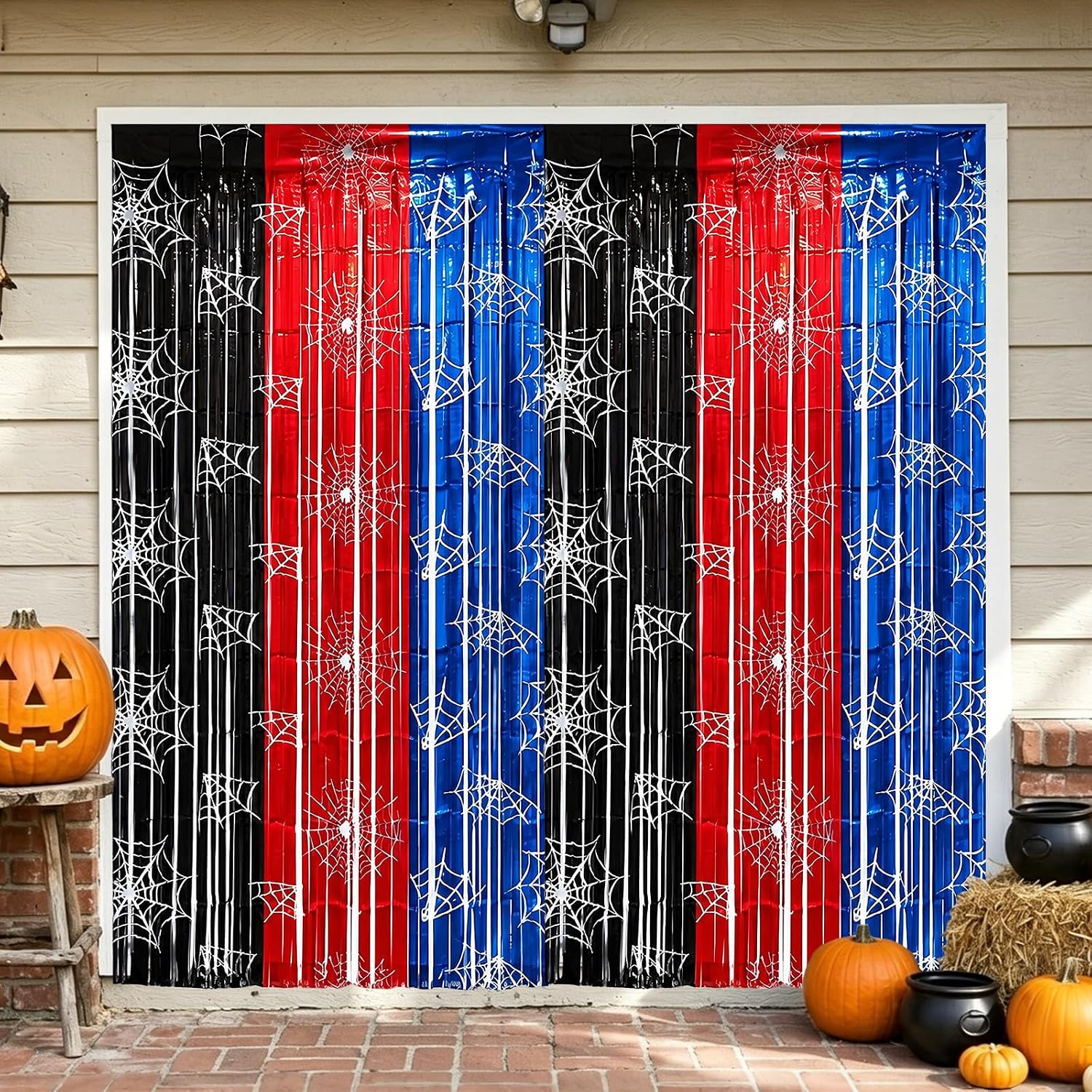 2 Pack Spider Web Foil Fringe Curtains – Halloween Metallic Hanging Streamers for Spooky Party Decorations, Haunted House Backdrop and Photo Booth
