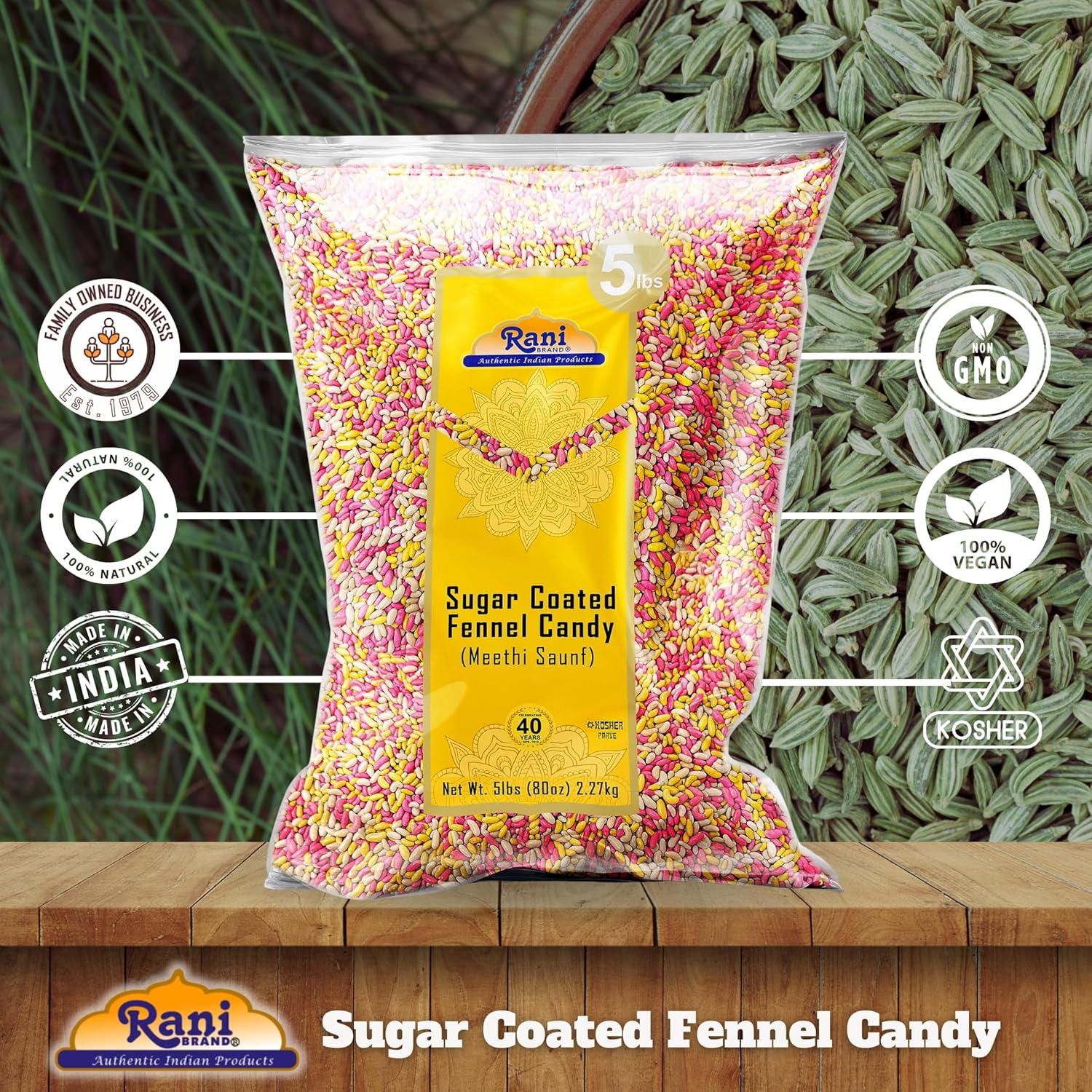 Rani Sugar Coated Fennel Candy (Value Pack) 5lbs (Assorted Colors/Flavors)