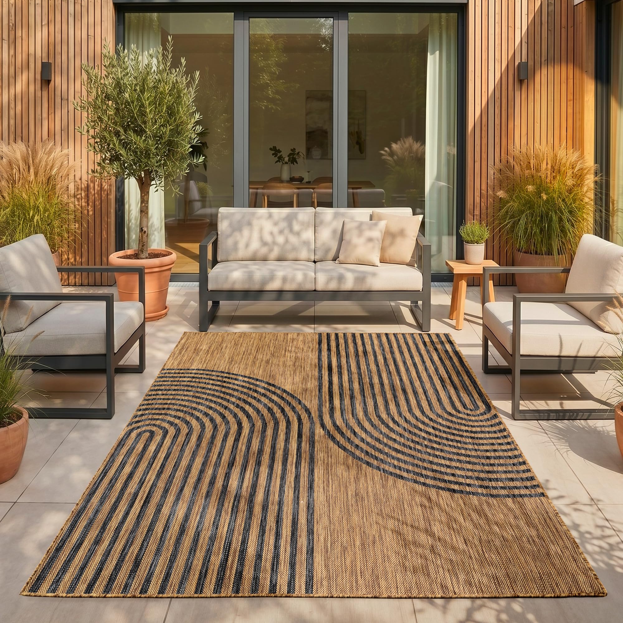 SIMPEX Outdoor Teppich Beige Balkon Terrasse Garten Wetterfest UV-beständig Teppich Einfarbig Flachgewebe Pflegeleicht Robust Modern