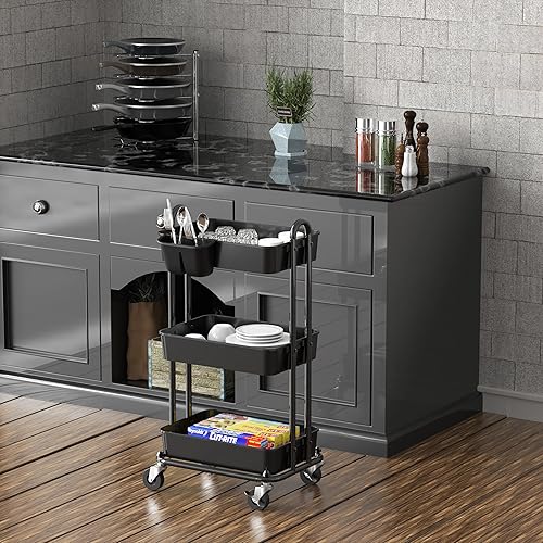 Miniatura 5 de Simple Houseware - Carro multiusos rodante de 3 niveles con cubo colgante, color Negro Negro,Rojo,Turquesa,Blanco