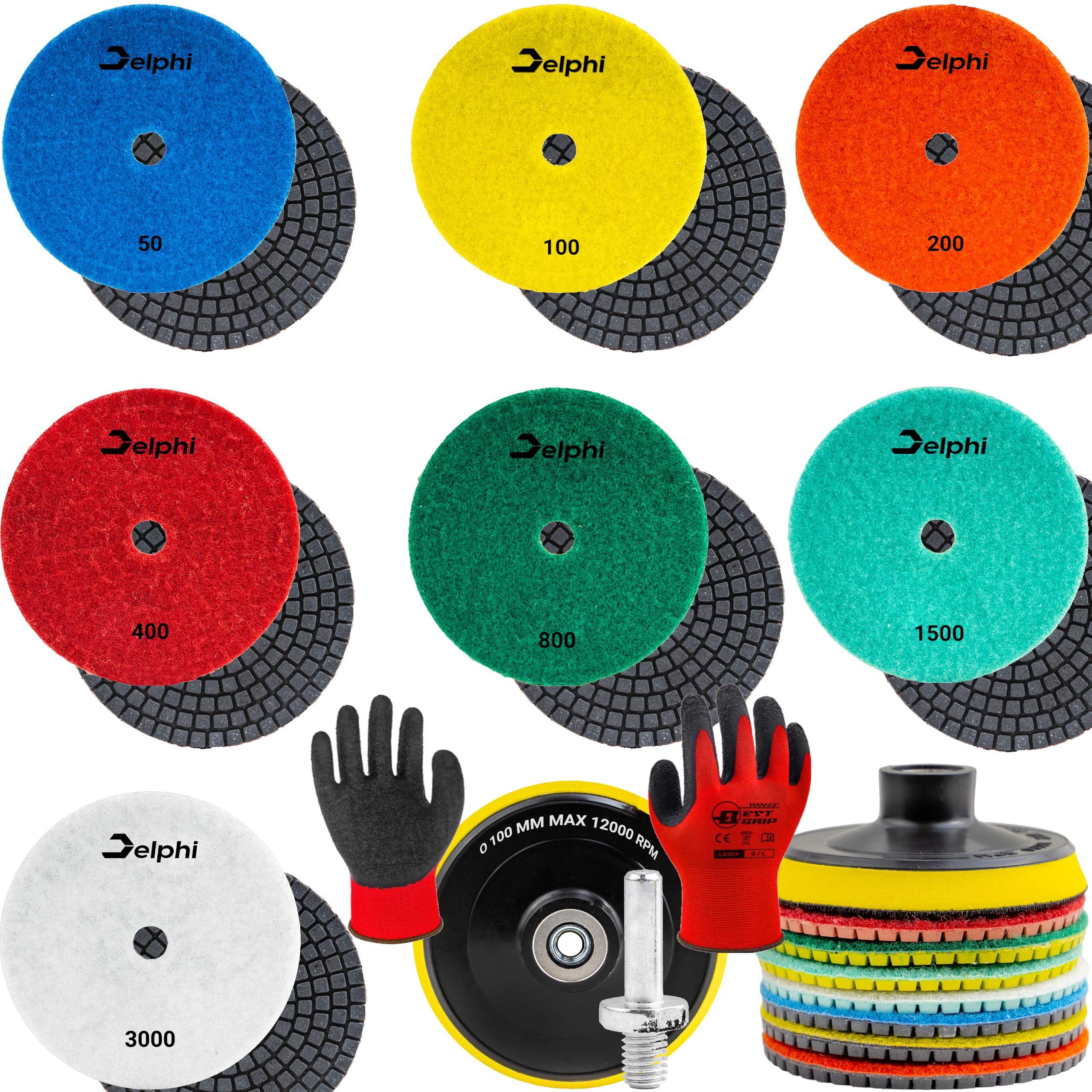 DELPHI Lot de 7 disques abrasifs diamantés humides de 100 mm pour le ponçage du grès cérame - Grain céramique 50-3000 - Avec tampon en laine M12 et gants de protection