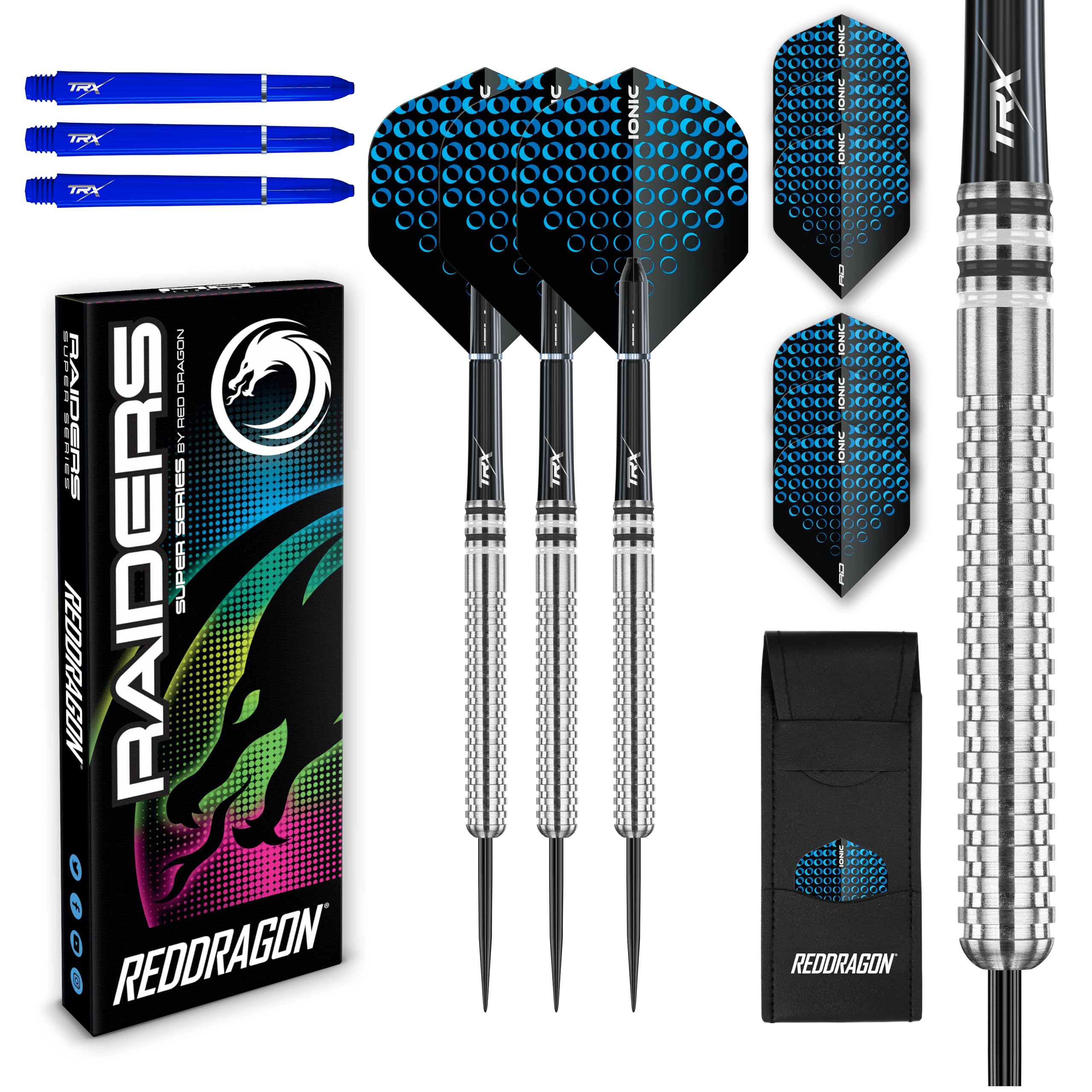 RED DRAGON Raider Series: 23 Gram Steel Tip Tungsten Darts Set - Professional Darts with Shafts (Stems), Flights and Checkout Card - Choice of Colour Available