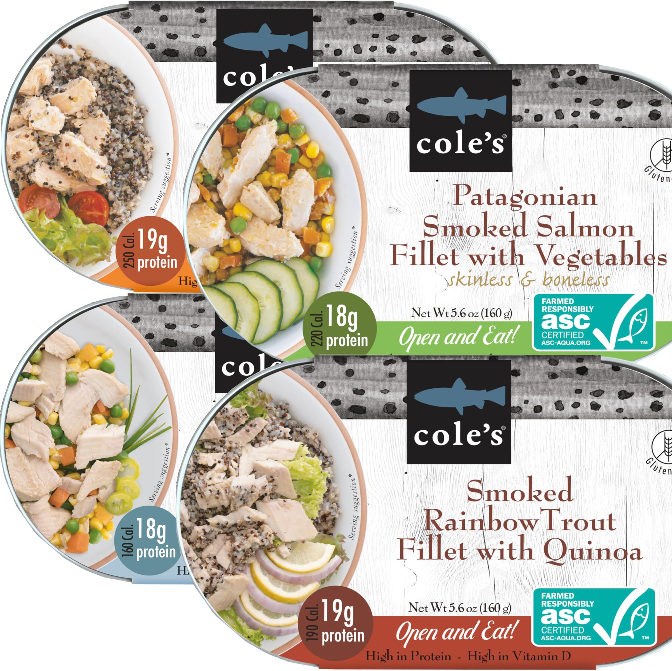 COLE’S Open & Eat Meals Variety Pack | 5.6 oz Hand-Packed Smoked Salmon & Trout with Quinoa & Vegetables | Ready to Eat Meals | High Protein, 4 Cans