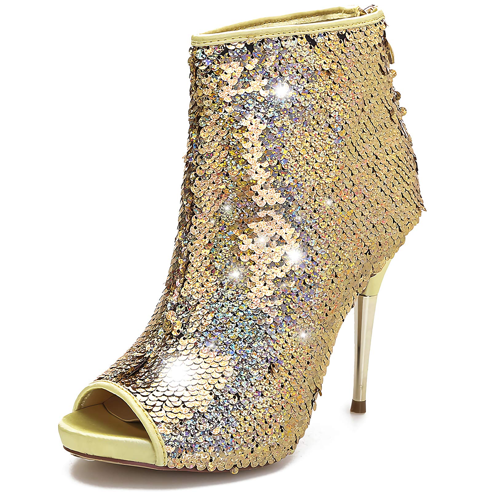 Camssoowomens Colorful Sequin Stiletto Boots Peep Toe Rear Zipper