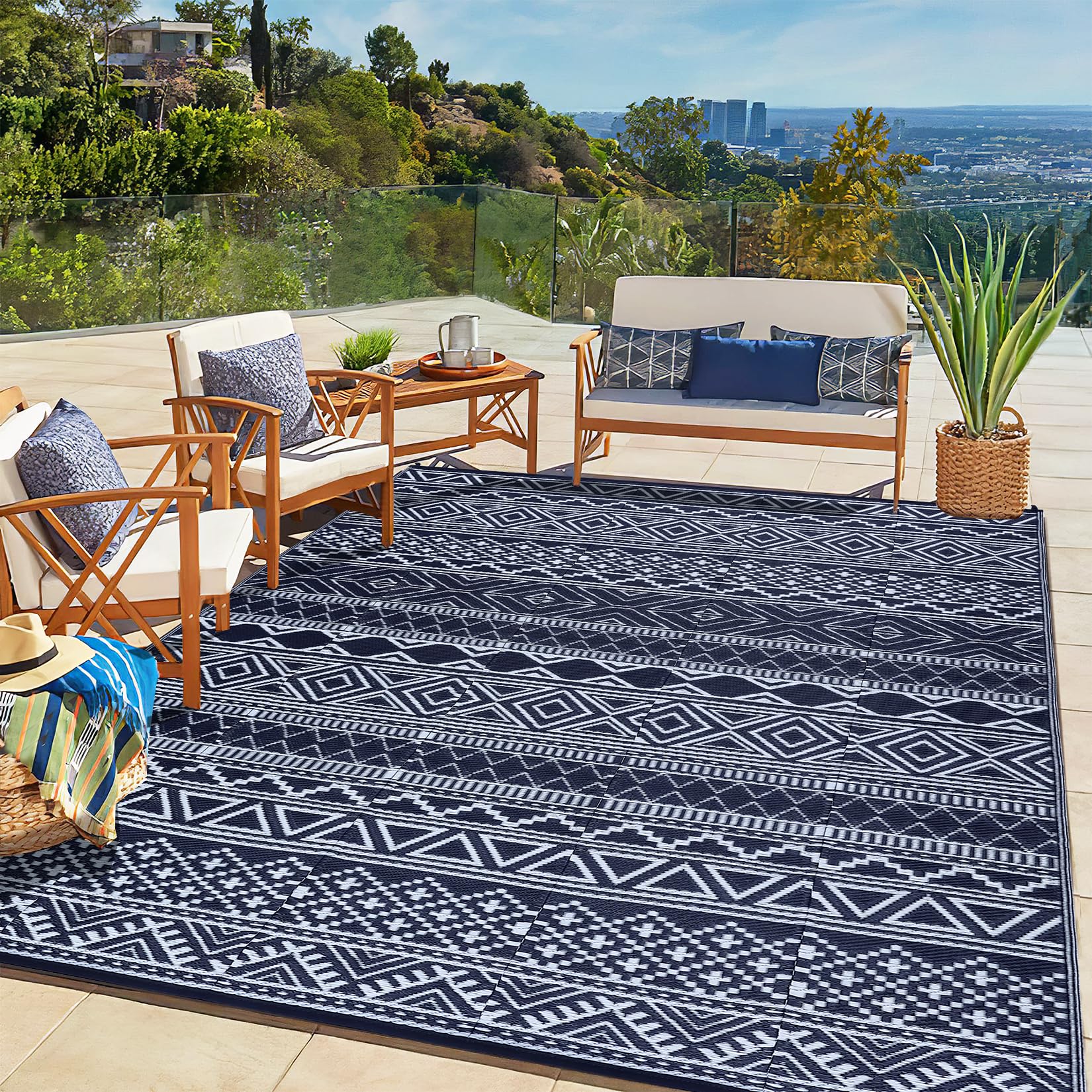 JOLENE.K 9x12 Rug Boho Patio Rug Modern Area Rug for Backyard, Deck, Picnic, Porch, Picnic, Beach, Trailer Camping RV Plastic Straw Rug Waterproof Reversible Rug Outdoor Rug Blue and White