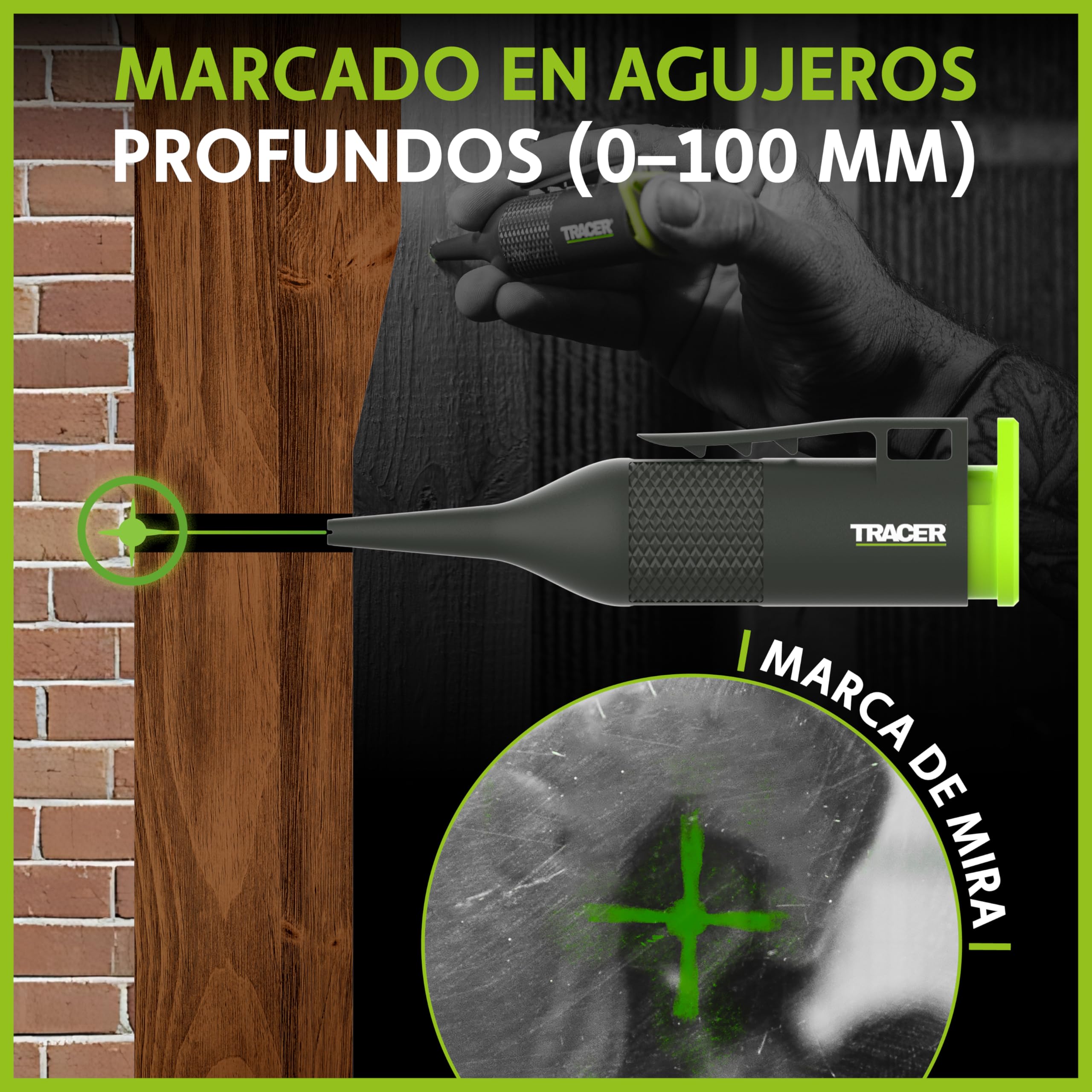 Tracer Marcador de Tiza Trueshot para Agujeros Profundos – Alcance de 100mm | Tiza Verde de Alta Visibilidad | Cartucho Reemplazable | Aplicación con Una Mano | Ideal para Construcción y Bricolaje