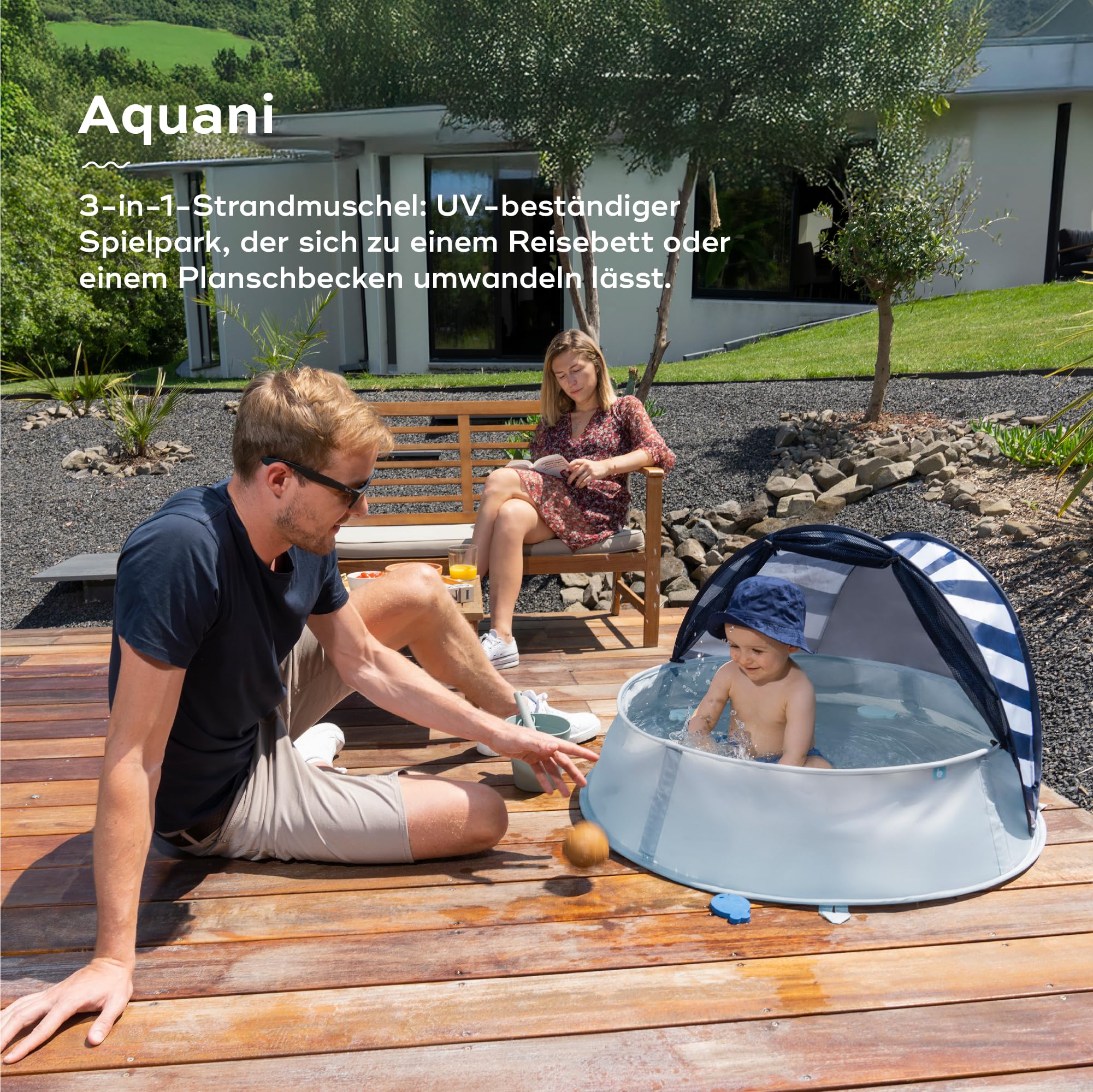 Babymoov Strandmuschel 3-in-1 Aquani Matrose Strandzelt UV-Schutz LSF 50 Planschbecken Reisebett