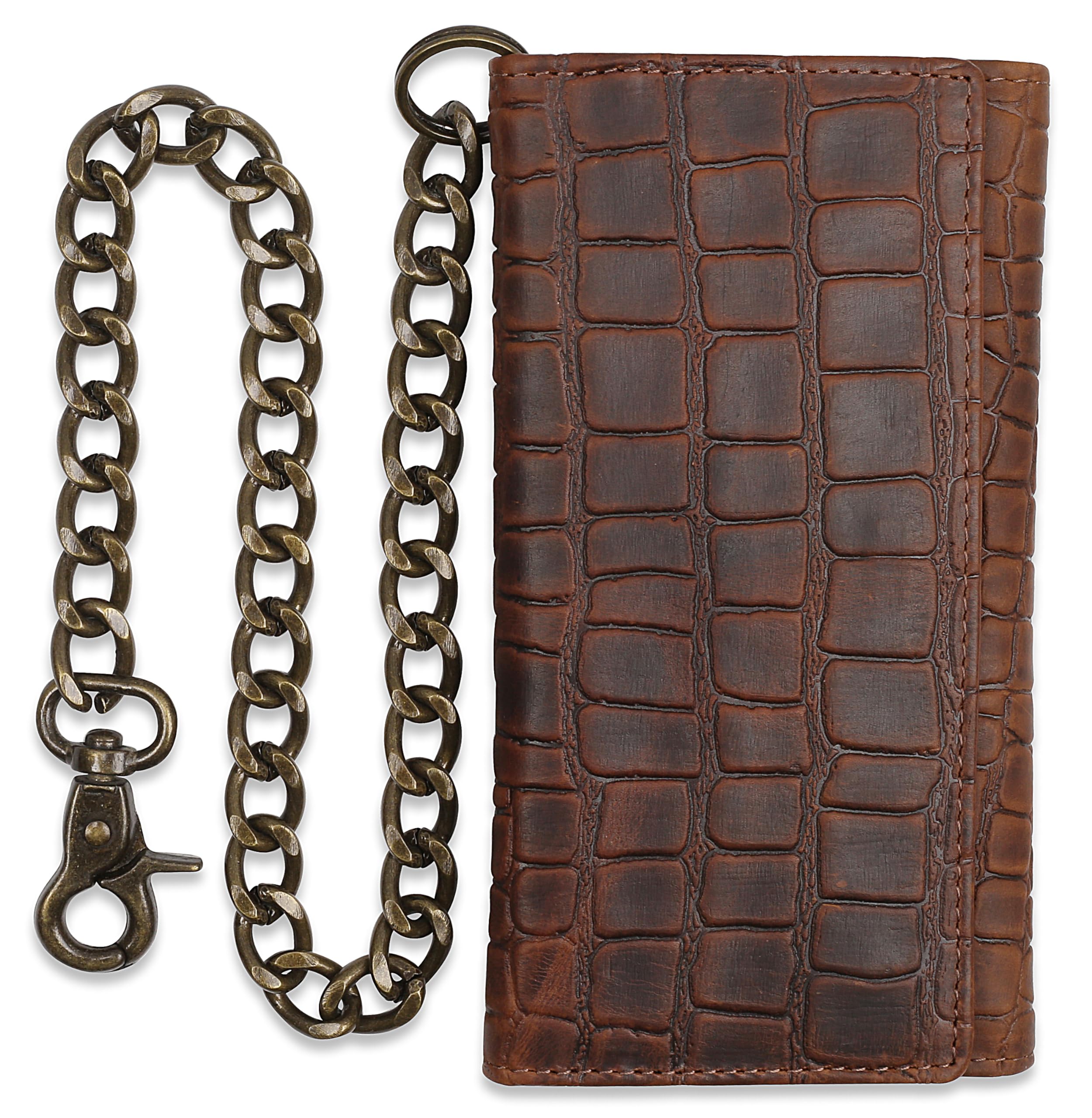 F&L CLASSIC RFID Blocking Mens Tri-fold Long Style buffalo crazy horse Leather Steel Chain Wallet,Crocodile style brown,212-20