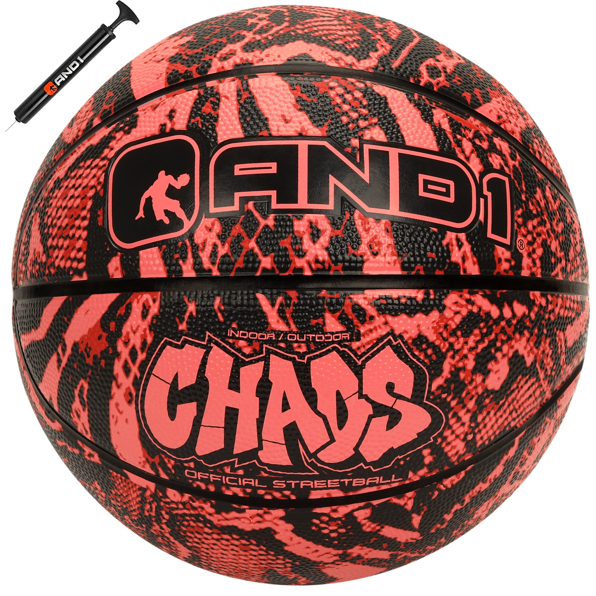 AND1 Chaos Basketball: Official Regulation Size 7 (29.5 inches) Rubber Basketball - Deep Channel Construction Streetball, Made for Indoor Outdoor Games