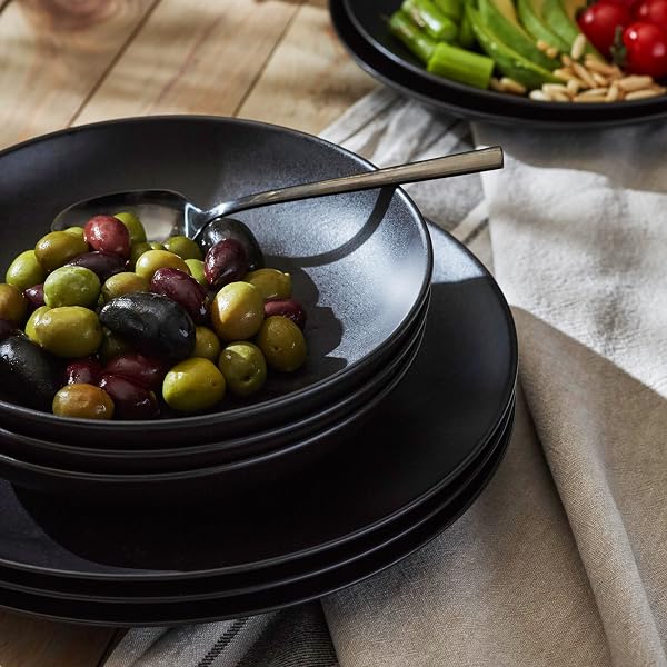 Porto by Stone Lain Semplice 12-Piece Premium Kitchen & Dining Dinnerware Set Stoneware, Black Matte, Crafted in Portugal, Dishwasher and Microwave Safe Scratch-Resistant Dish Set for 4 - 4