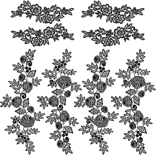 4 pares (8 unidades) de apliques de flores negras, parche de encaje rosa no decolorado, apliques de hojas bordadas de fibra bohemia para baile