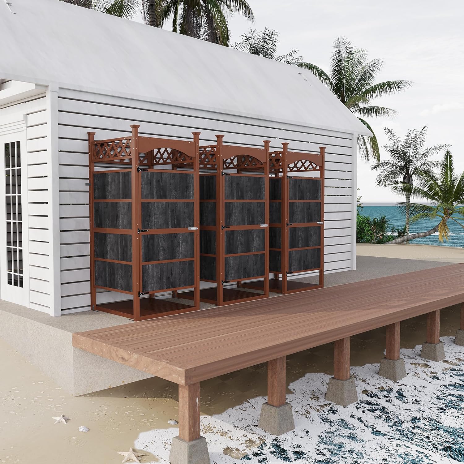 Outdoor Shower Enclosure with Shower Mat & Lockable Door, Solid Wood Privacy Outside Shower Stall, Outdoor Changing Room for Pool Wash Station, Patio or Beach Rinse Station