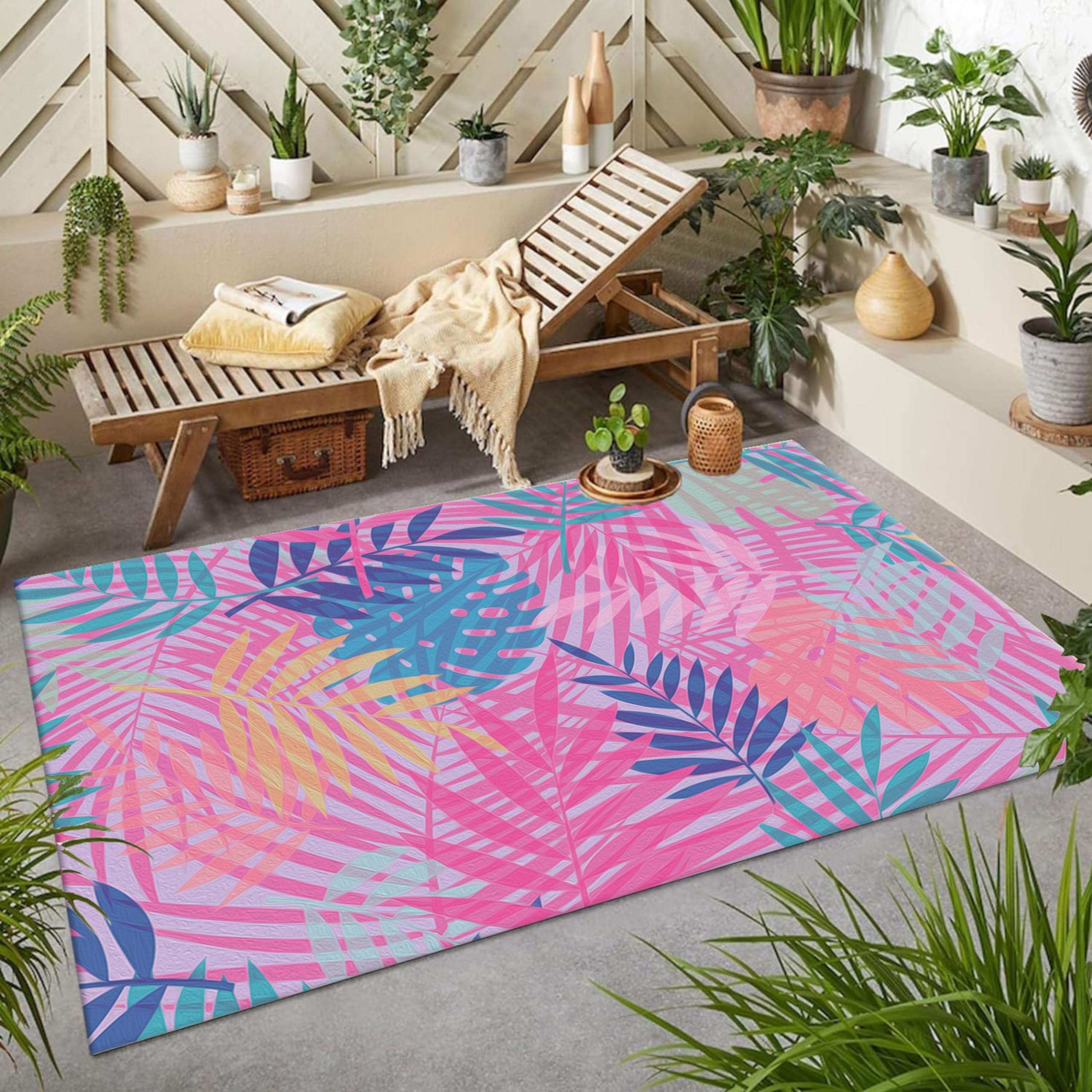 LHOMKCV Colorful Palm Trees Leaf Area Rug, 6x8ft,Summer Pink Tropical Jungle Monstera Leaves Pattern Rugs, Modern Abstract Easy to Clean Thin Floor