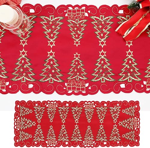 Miniatura 2 de Simplebrand Camino de mesa de Navidad rojo de 13 x 36 pulgadas de largo, camino de mesa de Navidad bordado con árbol de Navidad verde y regalos,